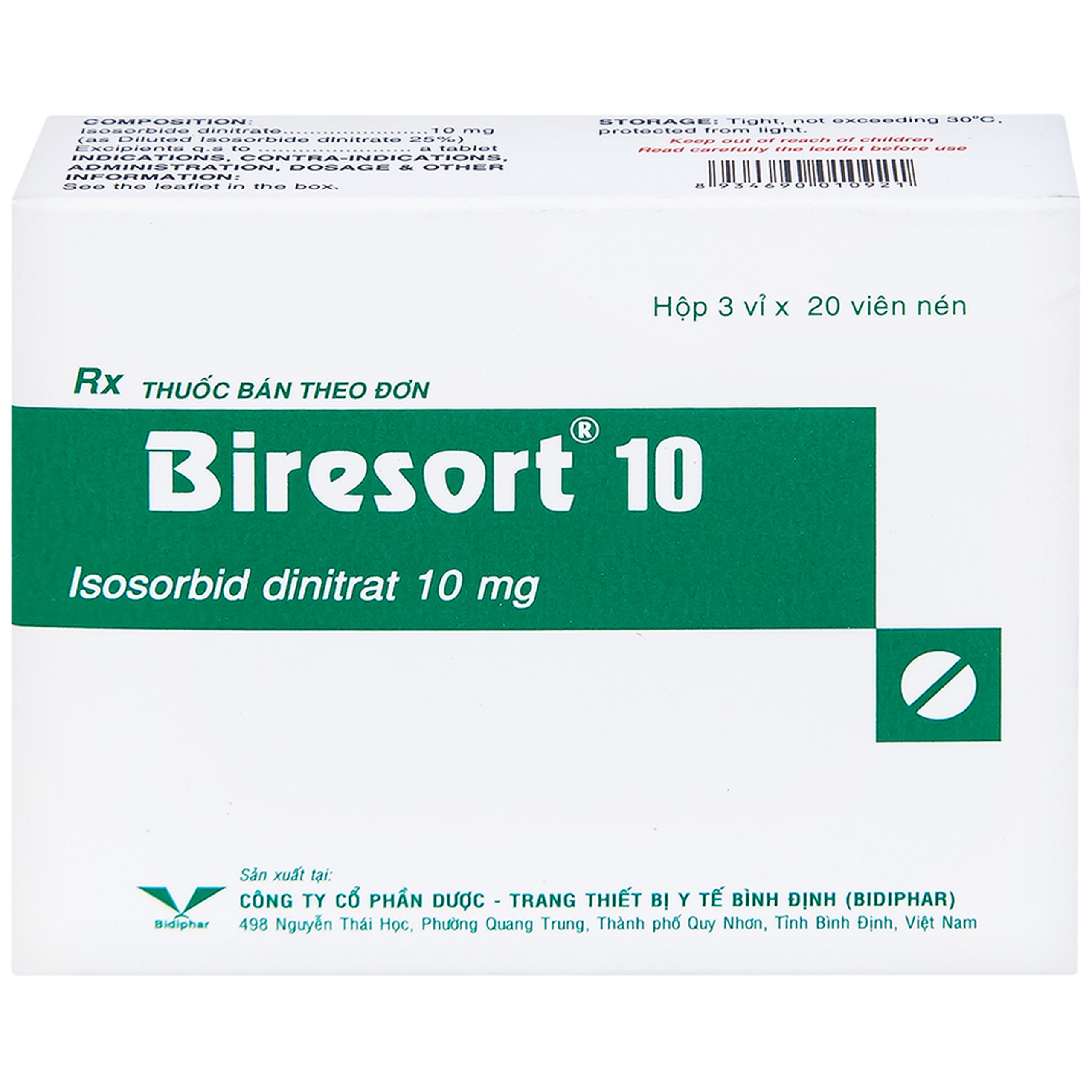 Thuốc Biresort 10 Bidiphar phòng và điều trị cơn đau thắt ngực, suy tim sung huyết (3 vỉ x 20 viên)