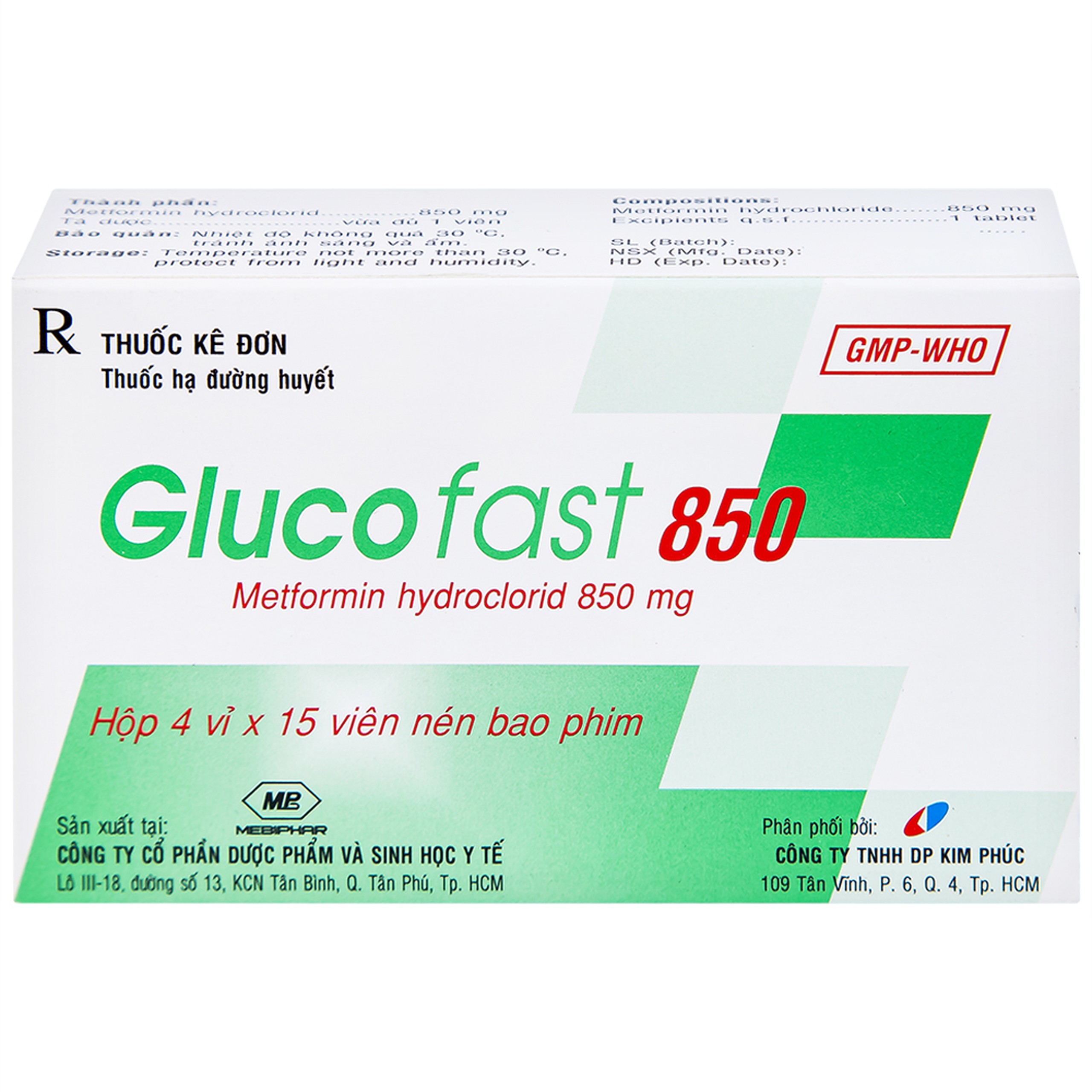 Thuốc Glucofast 850 Mebiphar điều trị tiểu đường típ 2 (4 vỉ x 15 viên)