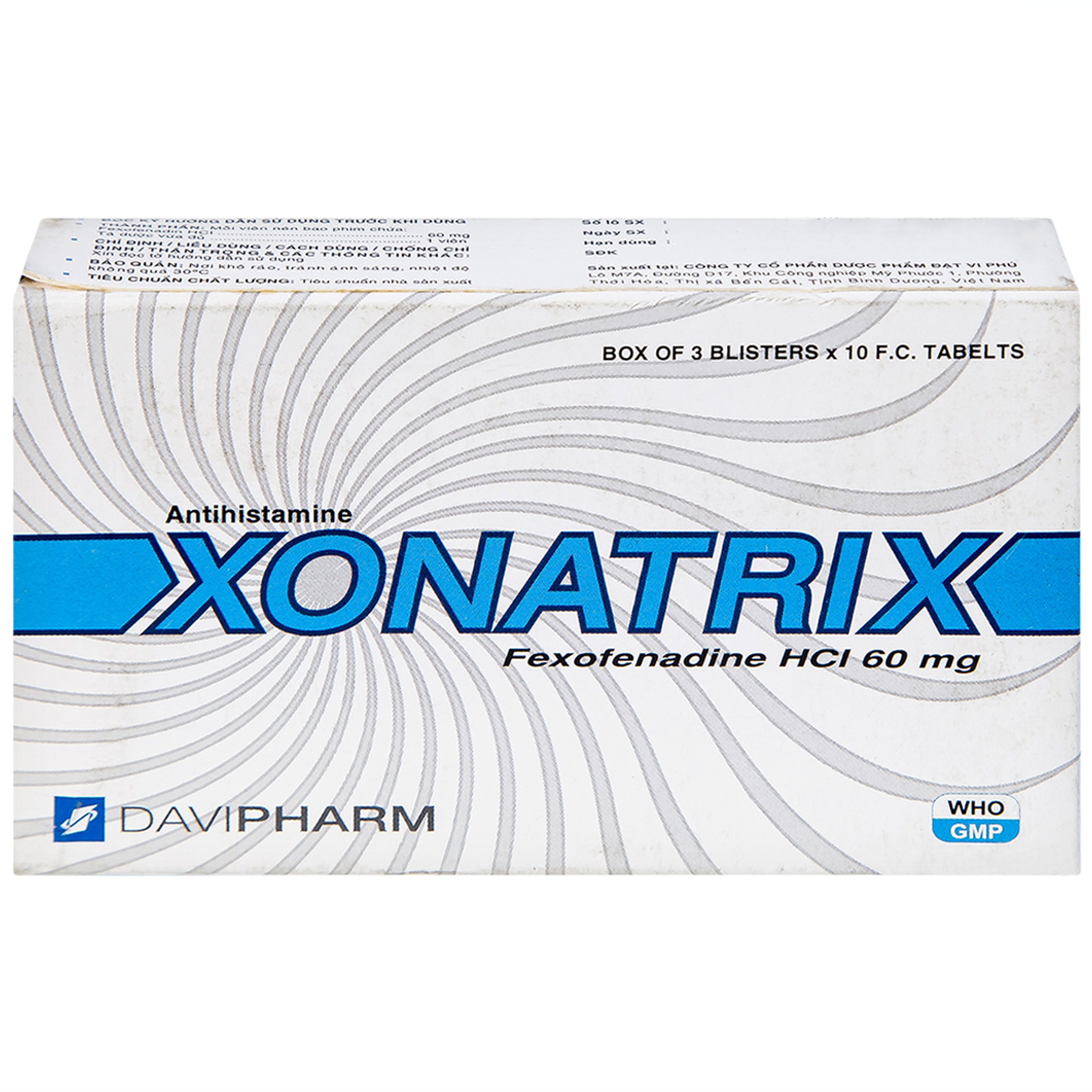 Thuốc Xonatrix 60mg DaviPharm điều trị triệu chứng viêm mũi dị ứng theo mùa (3 vỉ x 10 viên) 