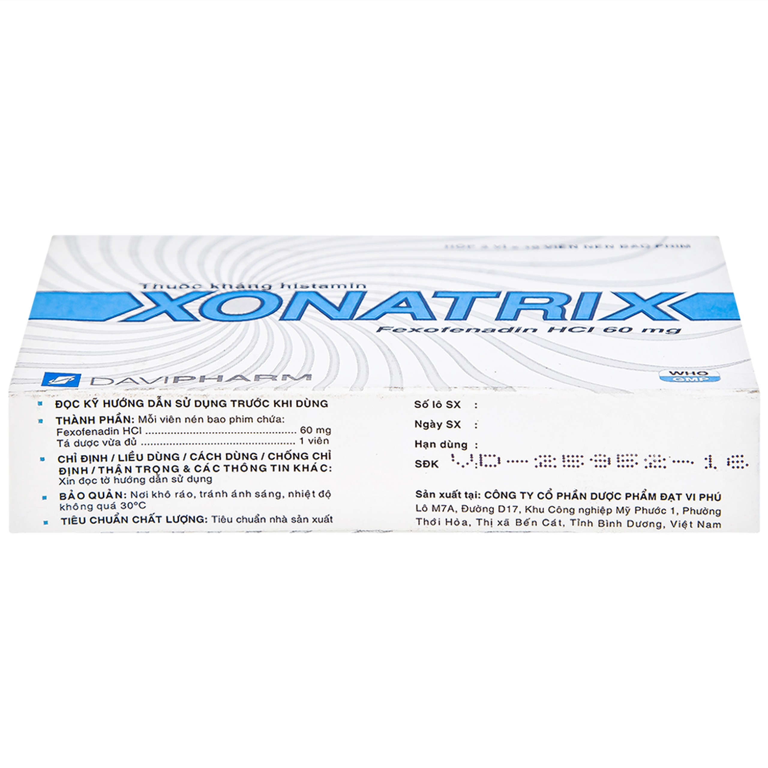 Thuốc Xonatrix 60mg DaviPharm điều trị triệu chứng viêm mũi dị ứng theo mùa (3 vỉ x 10 viên) 