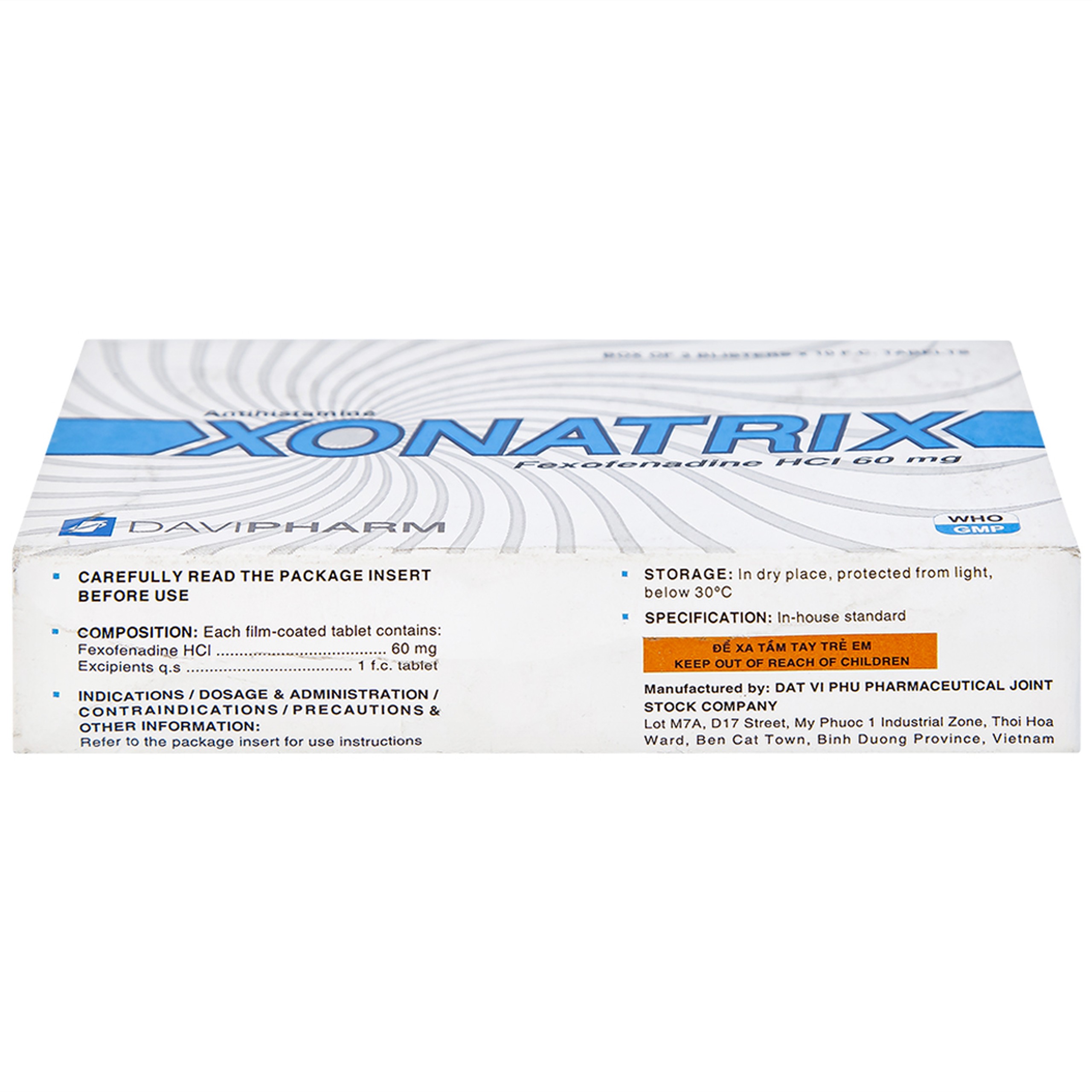 Thuốc Xonatrix 60mg DaviPharm điều trị triệu chứng viêm mũi dị ứng theo mùa (3 vỉ x 10 viên) 