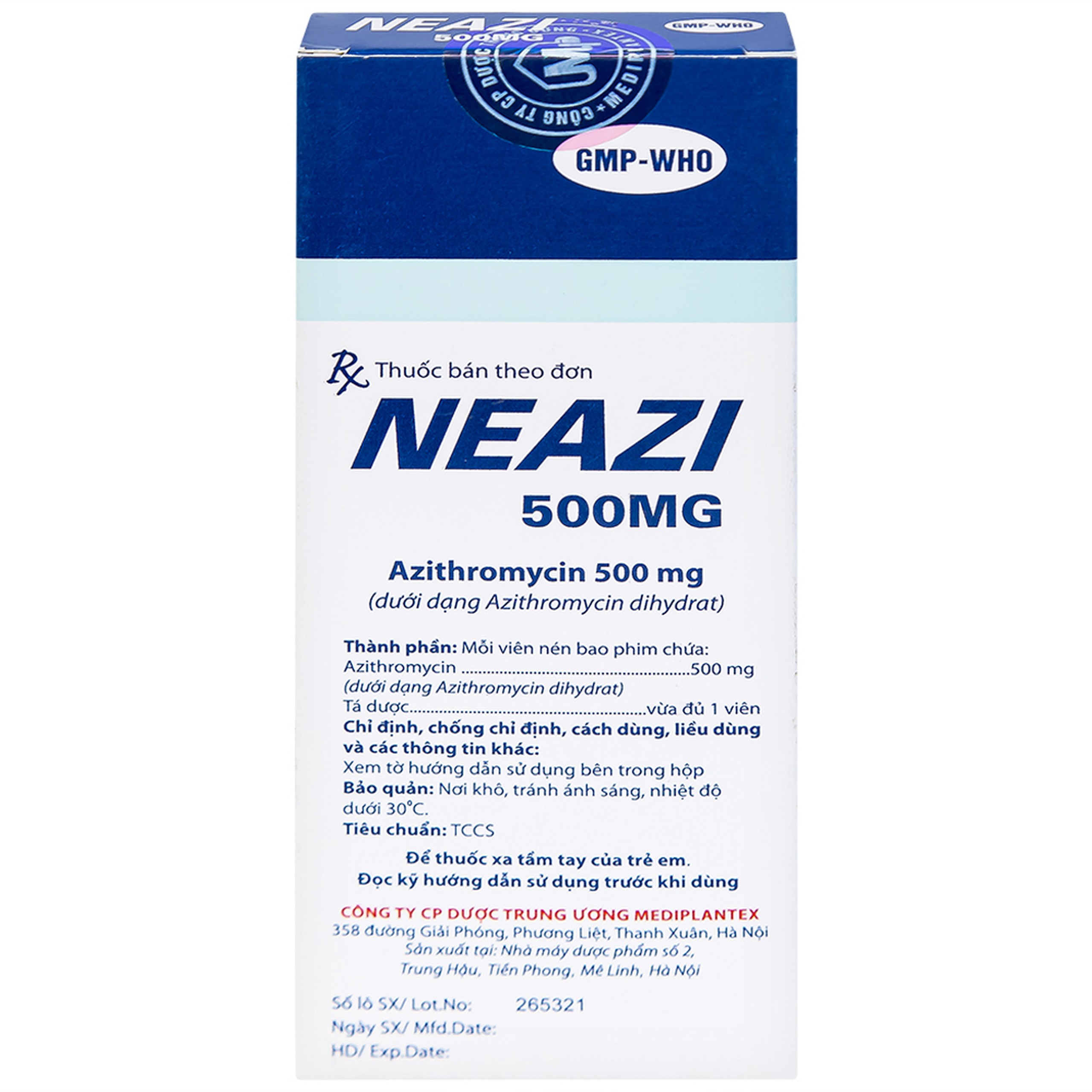 Viên nén Neazi 500mg Mediplantex điều trị viêm xoang cấp, viêm họng, amidan (1 vỉ x 3 viên)