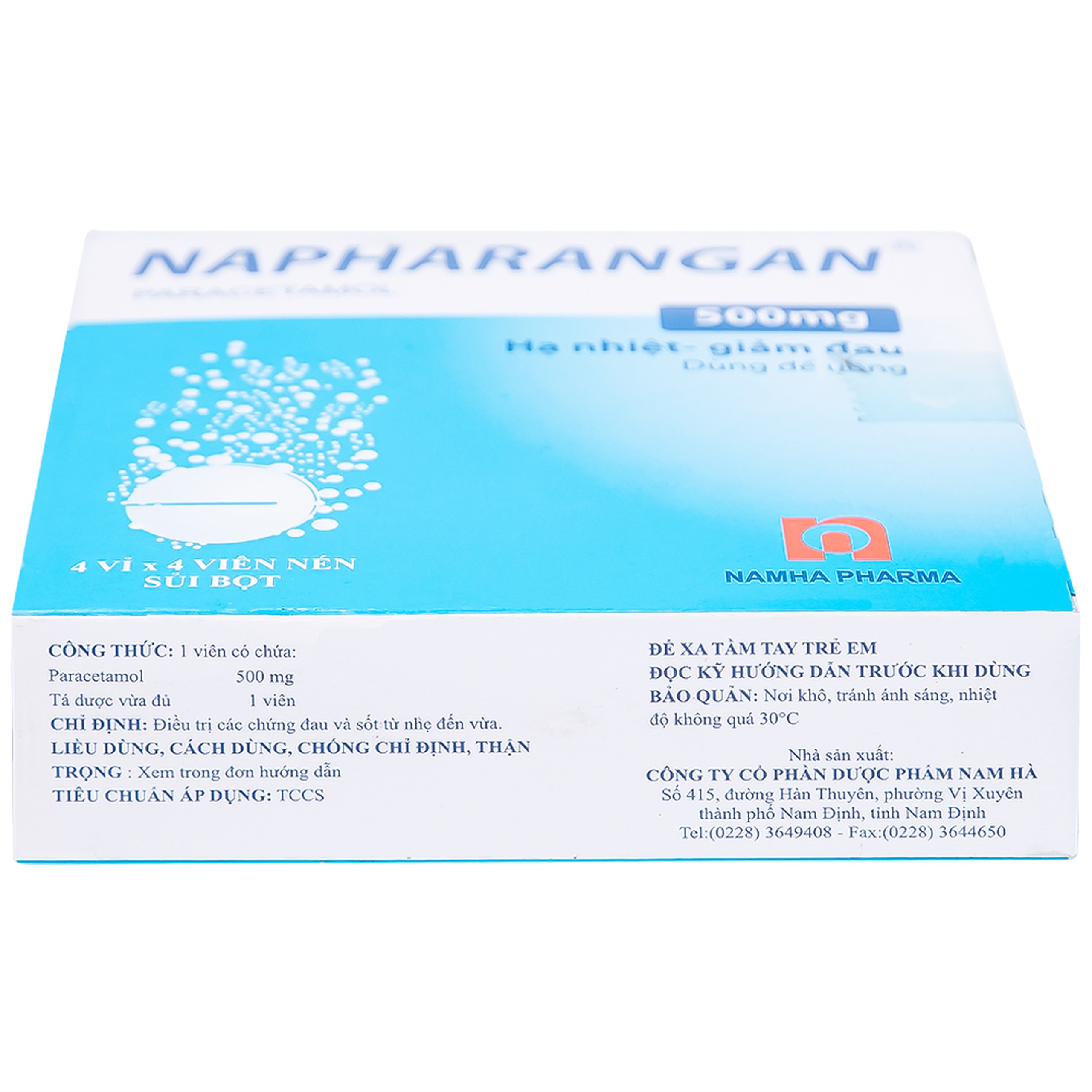 Viên sủi Napharangan 500mg Nam Hà hạ nhiệt, giảm đau, điều trị sốt từ nhẹ đến vừa (4 vỉ x 4 viên) 