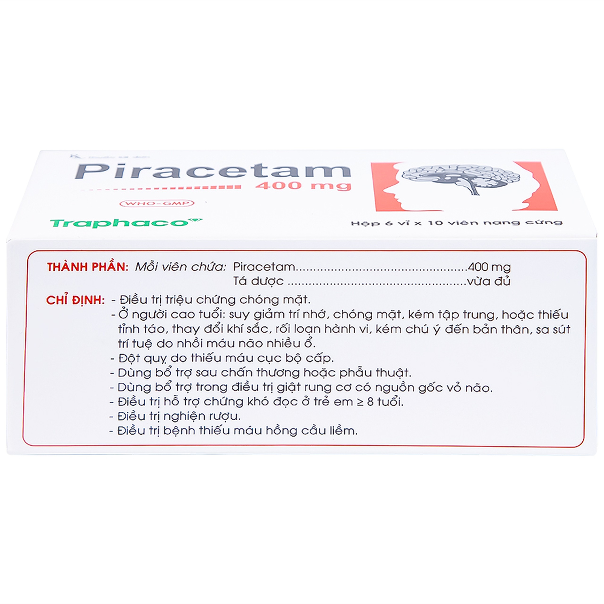 Viên nang cứng Piracetam 400mg Traphaco điều trị triệu chứng chóng mặt, suy giảm trí nhớ (6 vỉ x 10 viên) 