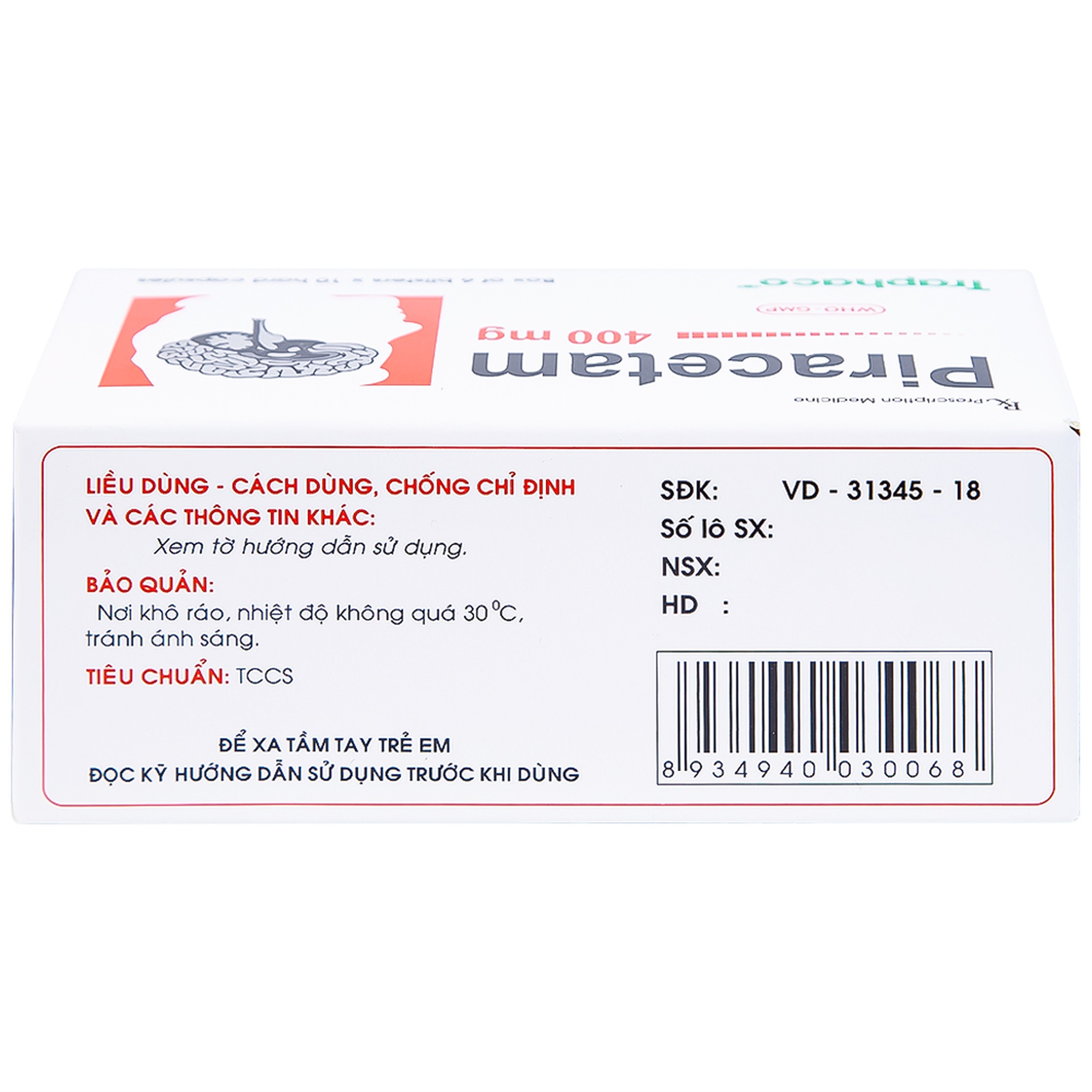 Viên nang cứng Piracetam 400mg Traphaco điều trị triệu chứng chóng mặt, suy giảm trí nhớ (6 vỉ x 10 viên) 