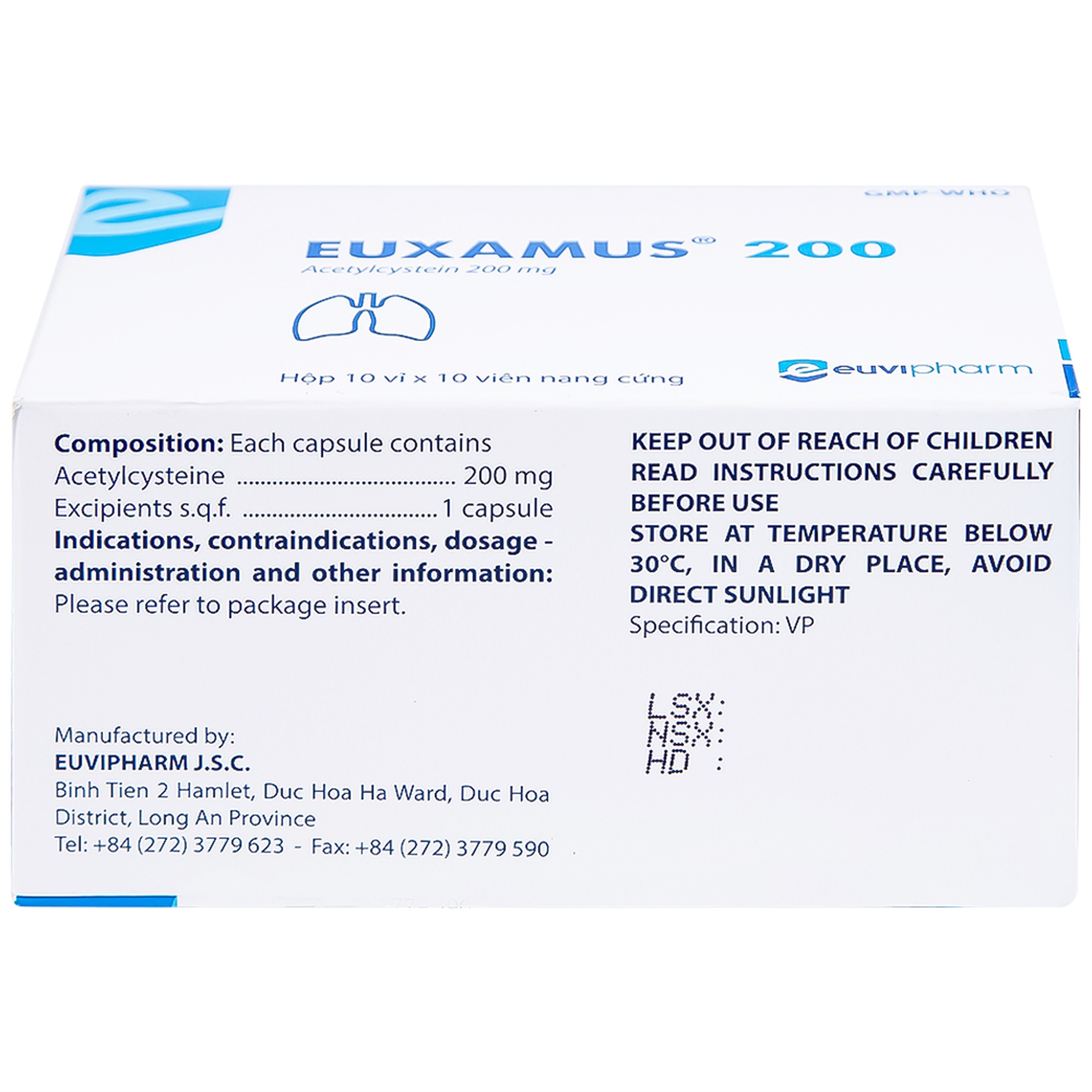 Thuốc Euxamus 200mg Euvipharm tiêu chất nhầy trong bệnh nhầy nhớt (10 vỉ x 10 viên)