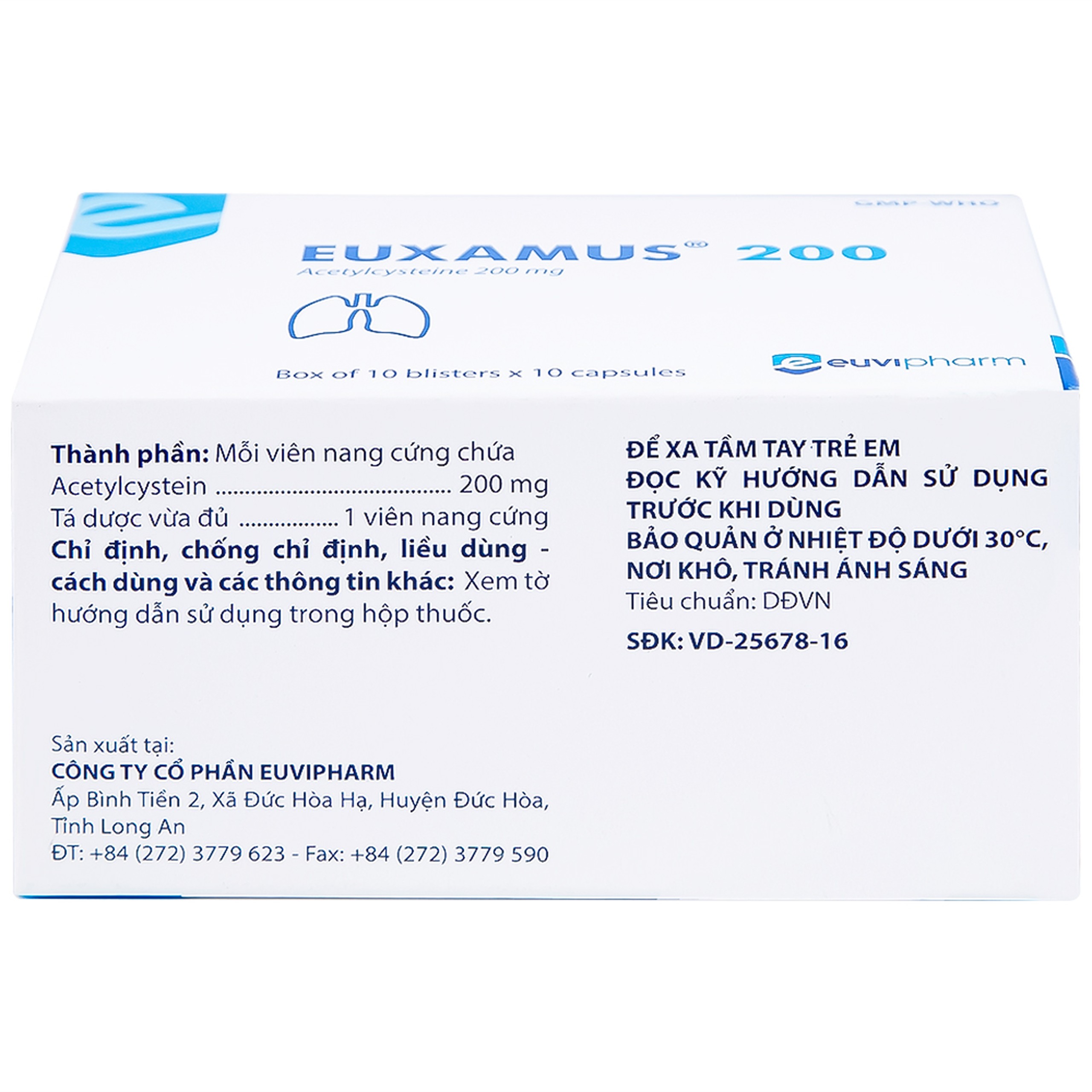 Thuốc Euxamus 200mg Euvipharm tiêu chất nhầy trong bệnh nhầy nhớt (10 vỉ x 10 viên)