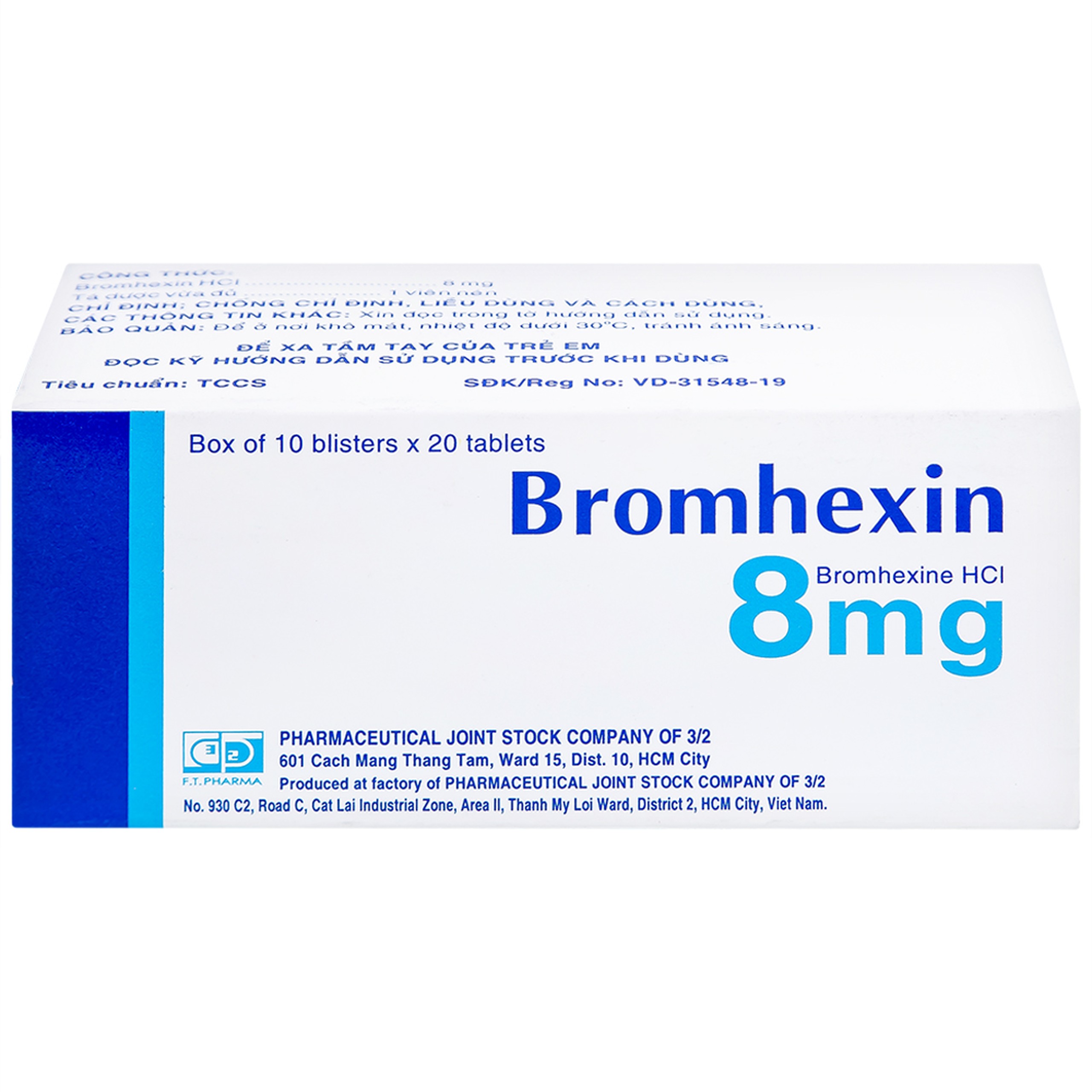 Thuốc Bromhexin 8mg Dược 3-2 tan đàm trong viêm khí phế quản, viêm phế quản mạn tính (10 vỉ x 20 viên)