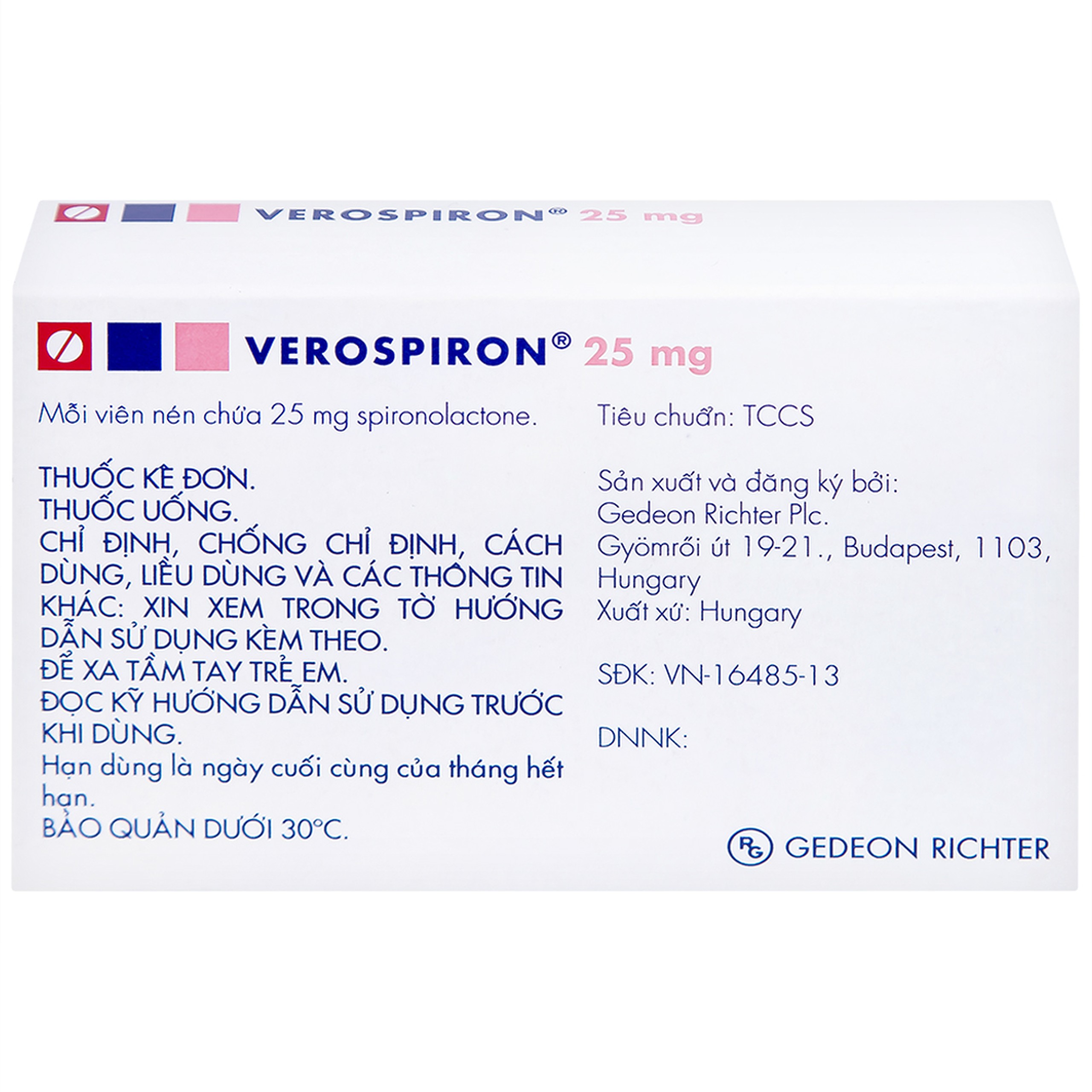 Thuốc Verospiron 25mg Gedeon điều trị phù, tăng huyết áp, cường aldosterone tiên phát và giảm kali huyết (1 vỉ x 20 viên)