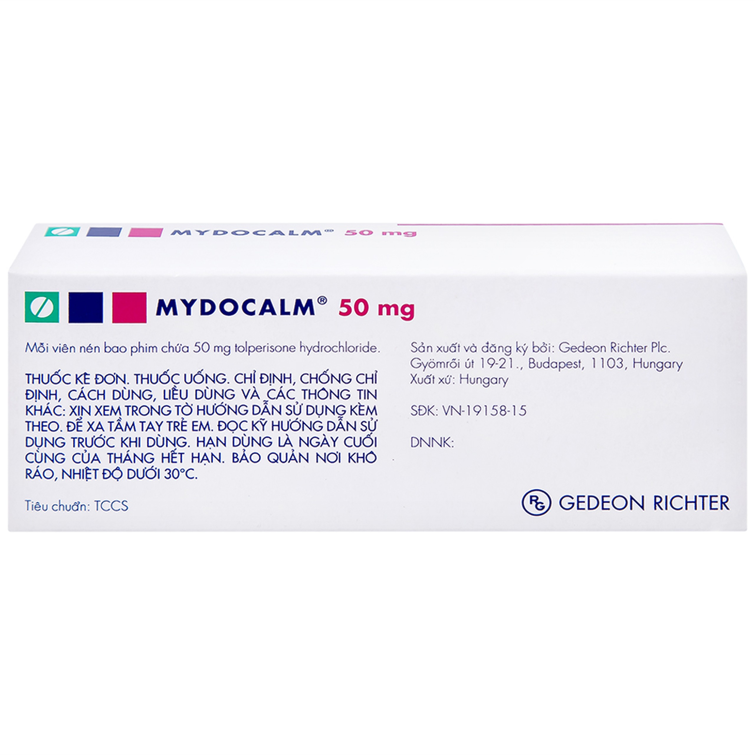 Viên nén Mydocalm 50mg Gedeon điều trị triệu chứng co cứng cơ sau đột quỵ (3 vỉ x 10 viên) 