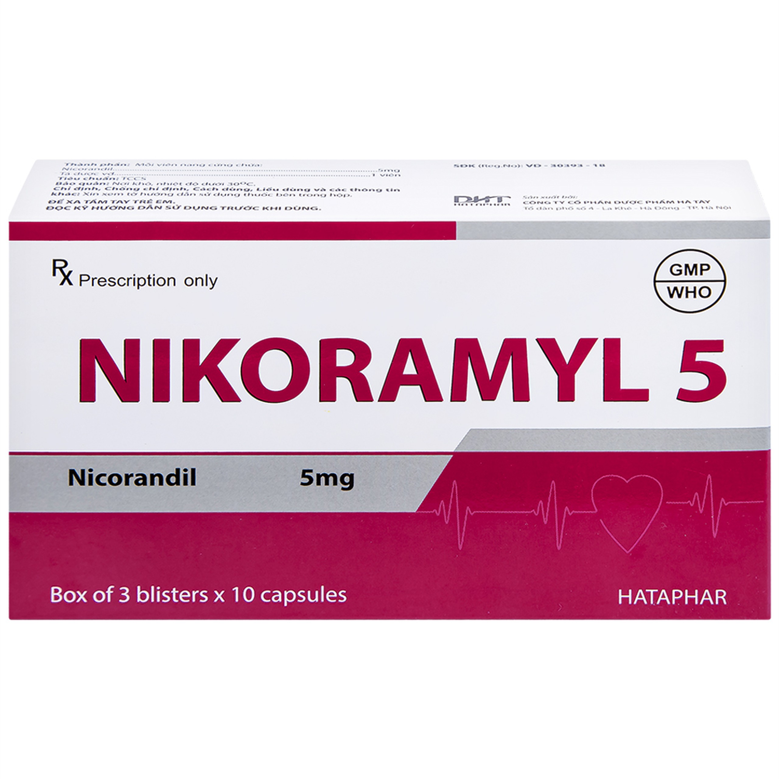 Viên nang cứng Nikoramyl 5 Hà Tây phòng và điều trị cơn đau thắt ngực (3 vỉ x 10 viên) 