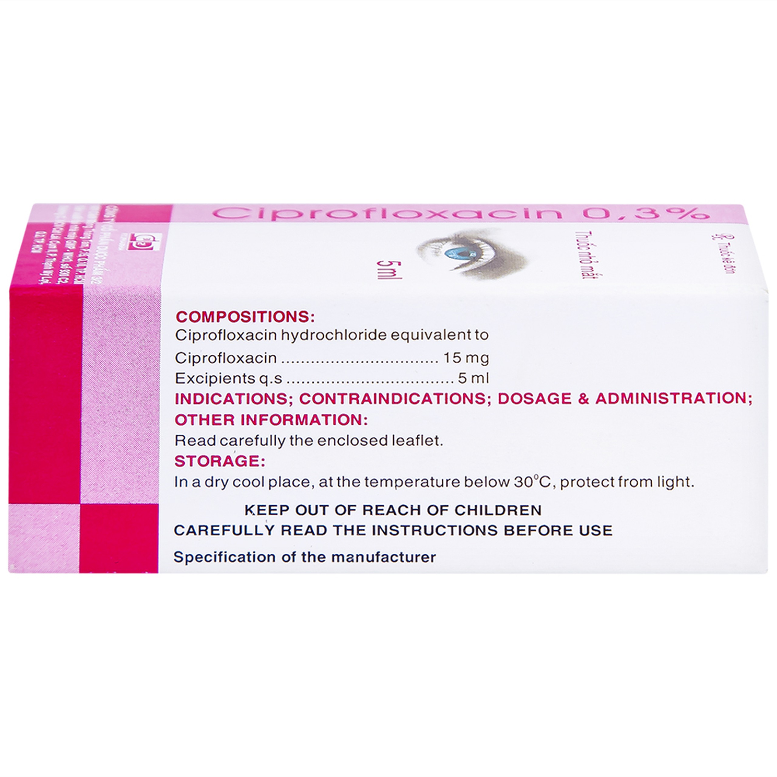 Thuốc nhỏ mắt Ciprofloxacin 0.3% Dược 3-2 điều trị loét giác mạc (5ml)