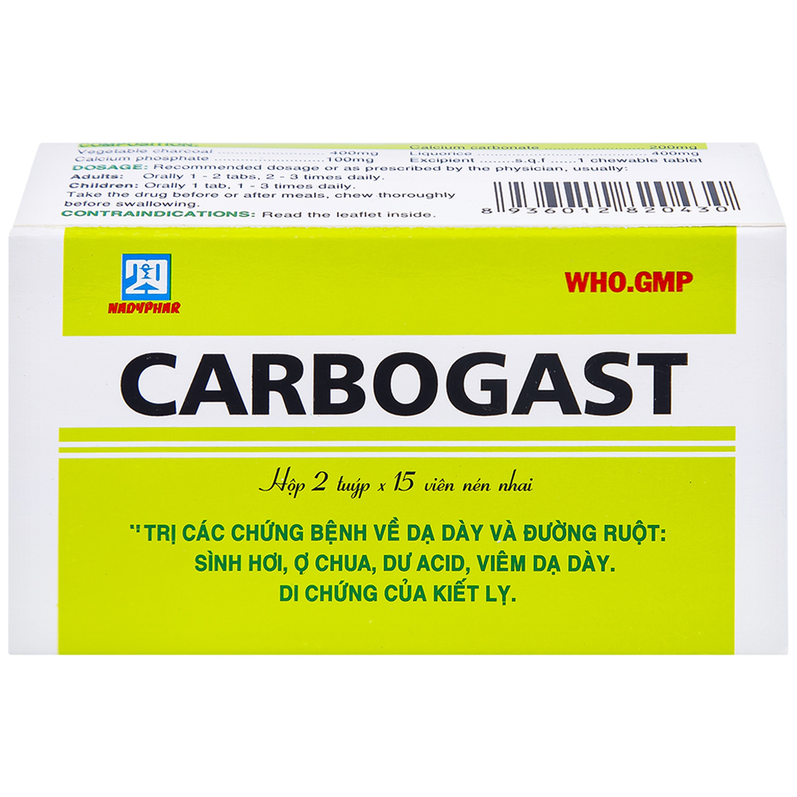 Viên nhai Carbogast Nadyphar điều trị bệnh dạ dày và đường ruột, di chứng của kiết lỵ (2 tuýp x 15 viên) 