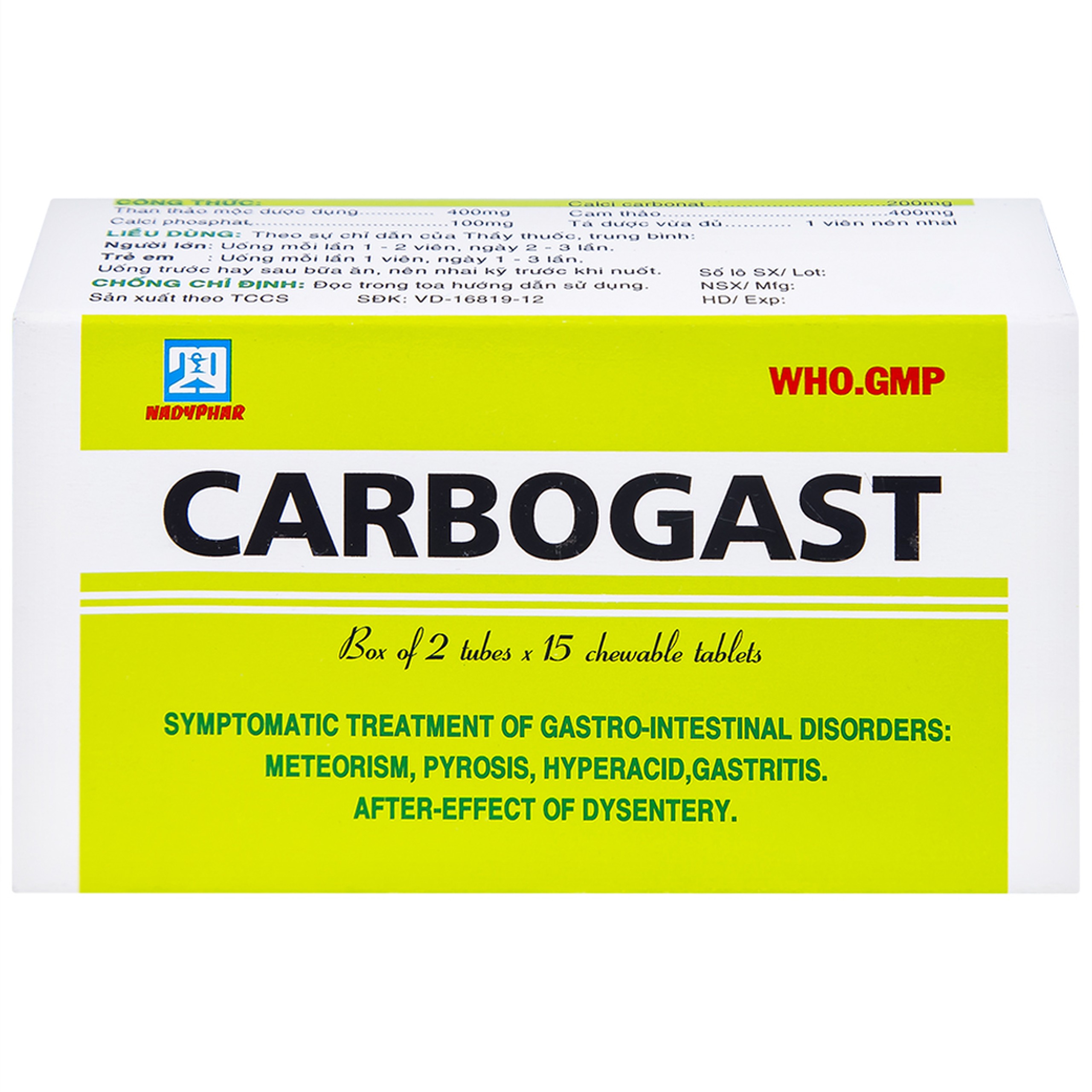 Viên nhai Carbogast Nadyphar điều trị bệnh dạ dày và đường ruột, di chứng của kiết lỵ (2 tuýp x 15 viên) 