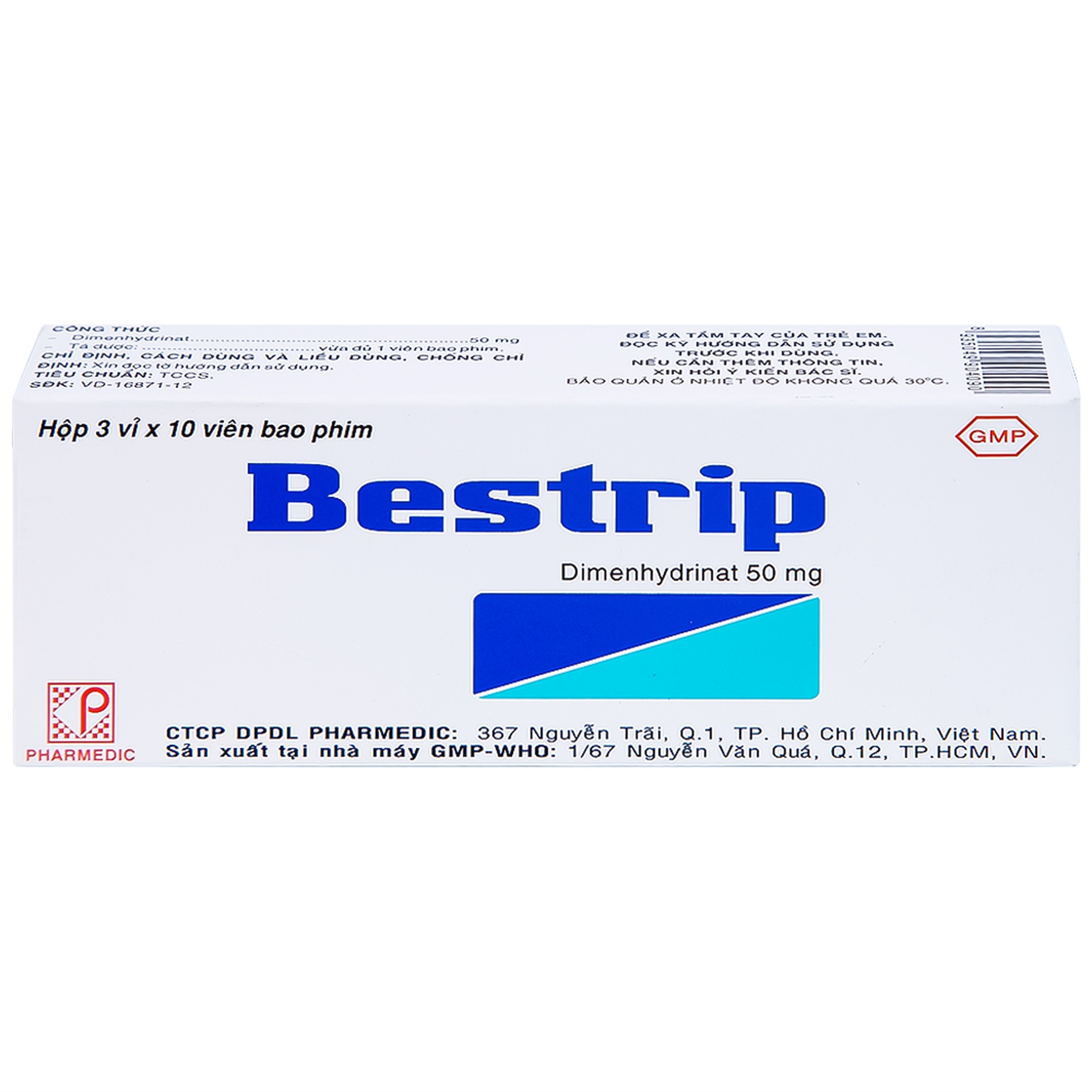Thuốc Bestrip 50mg Pharmedic phòng và điều trị các chứng buồn nôn do say tàu xe (3 vỉ x 10 viên)