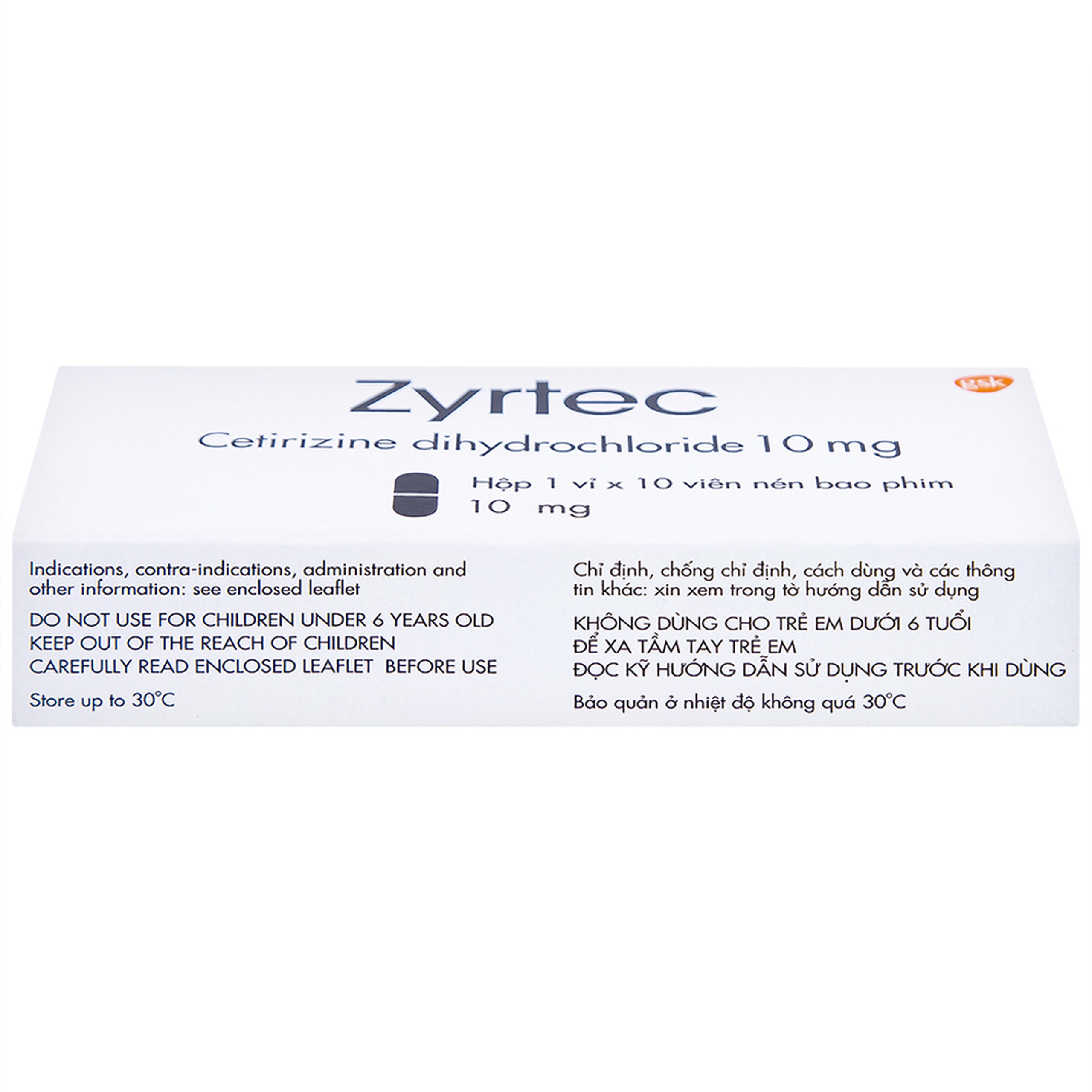 Thuốc Zyrtec GSK giảm viêm mũi dị ứng, mày đay tự phát, mạn tính (1 vỉ x 10 viên)