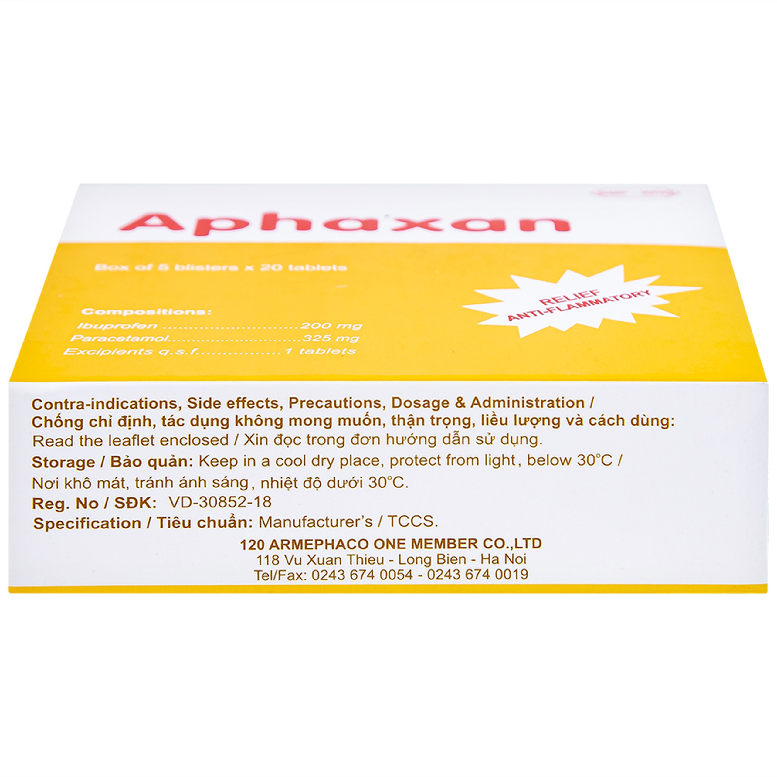 Thuốc Aphaxan Armephaco giảm đau, chống viêm (5 vỉ x 20 viên)