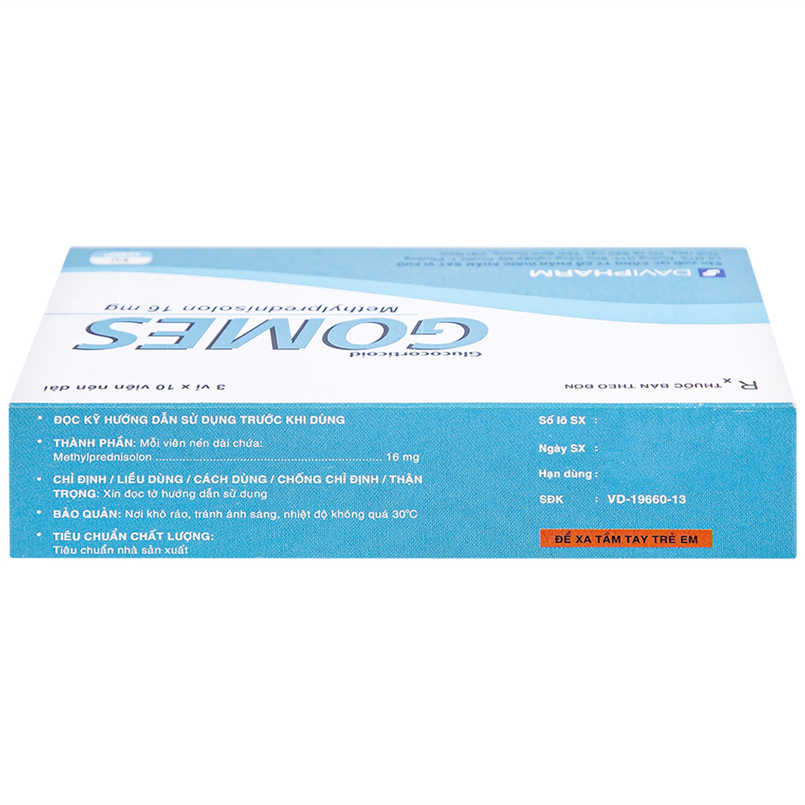 Thuốc Gomes 16mg Davipharm kháng viêm, điều trị viêm khớp dạng thấp, lupus ban đỏ hệ thống (3 vỉ x 10 viên)