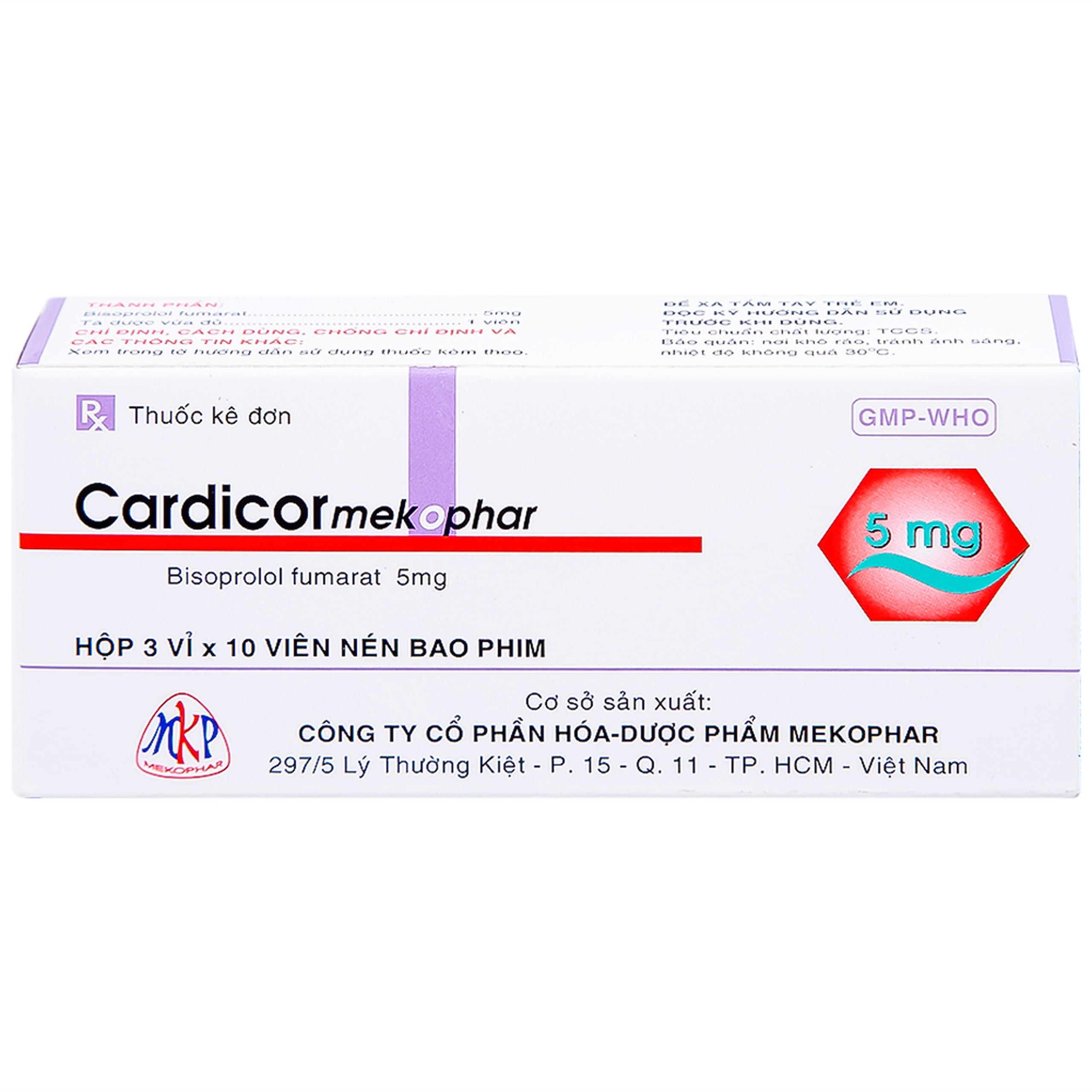 Thuốc Cardicor Mekophar 5 điều trị cao huyết áp, đau thắt ngực (3 vỉ x 10 viên)