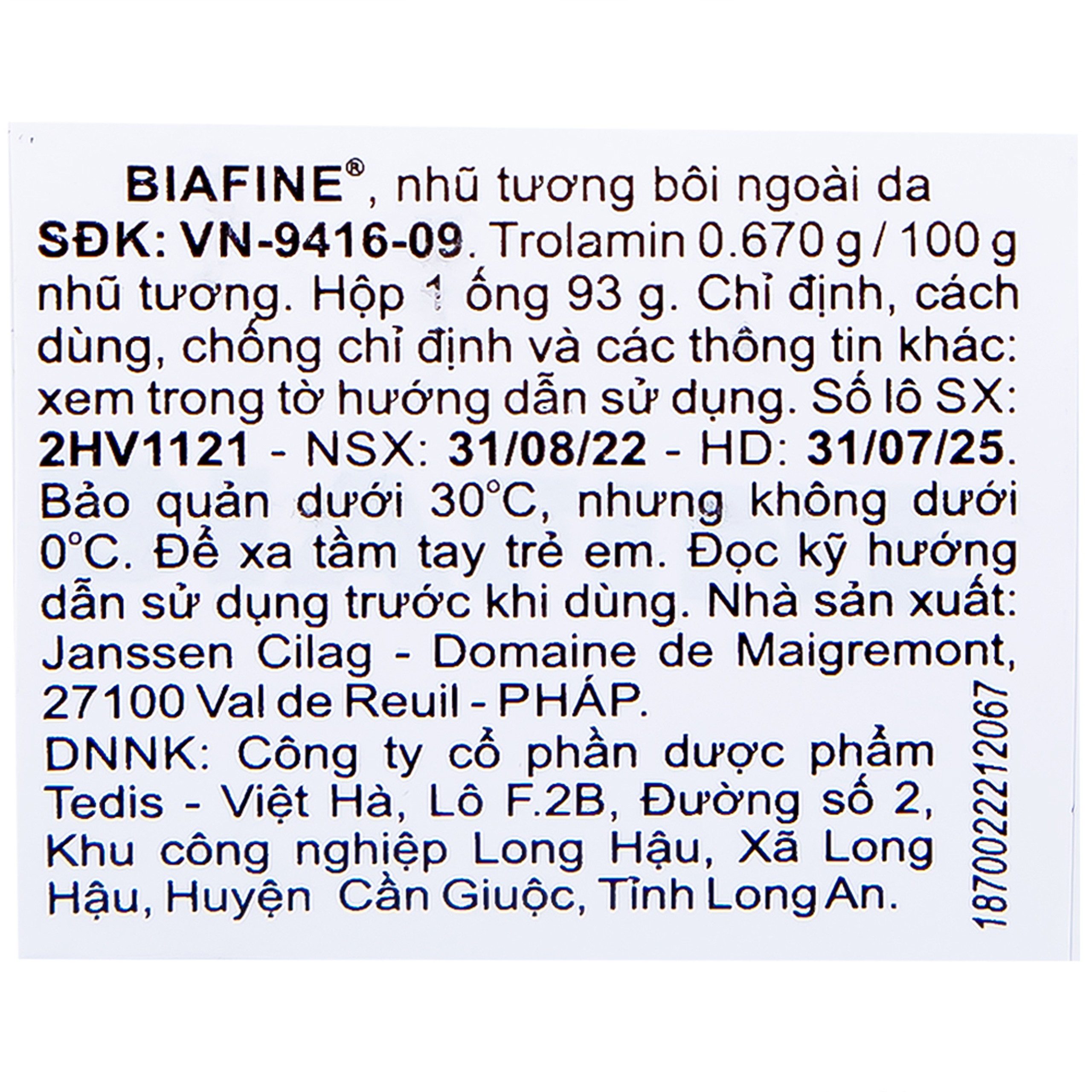 Nhũ tương Biafine Janssen điều trị bỏng độ 1, độ 2, các vết thương ngoài da không nhiễm trùng (93g)