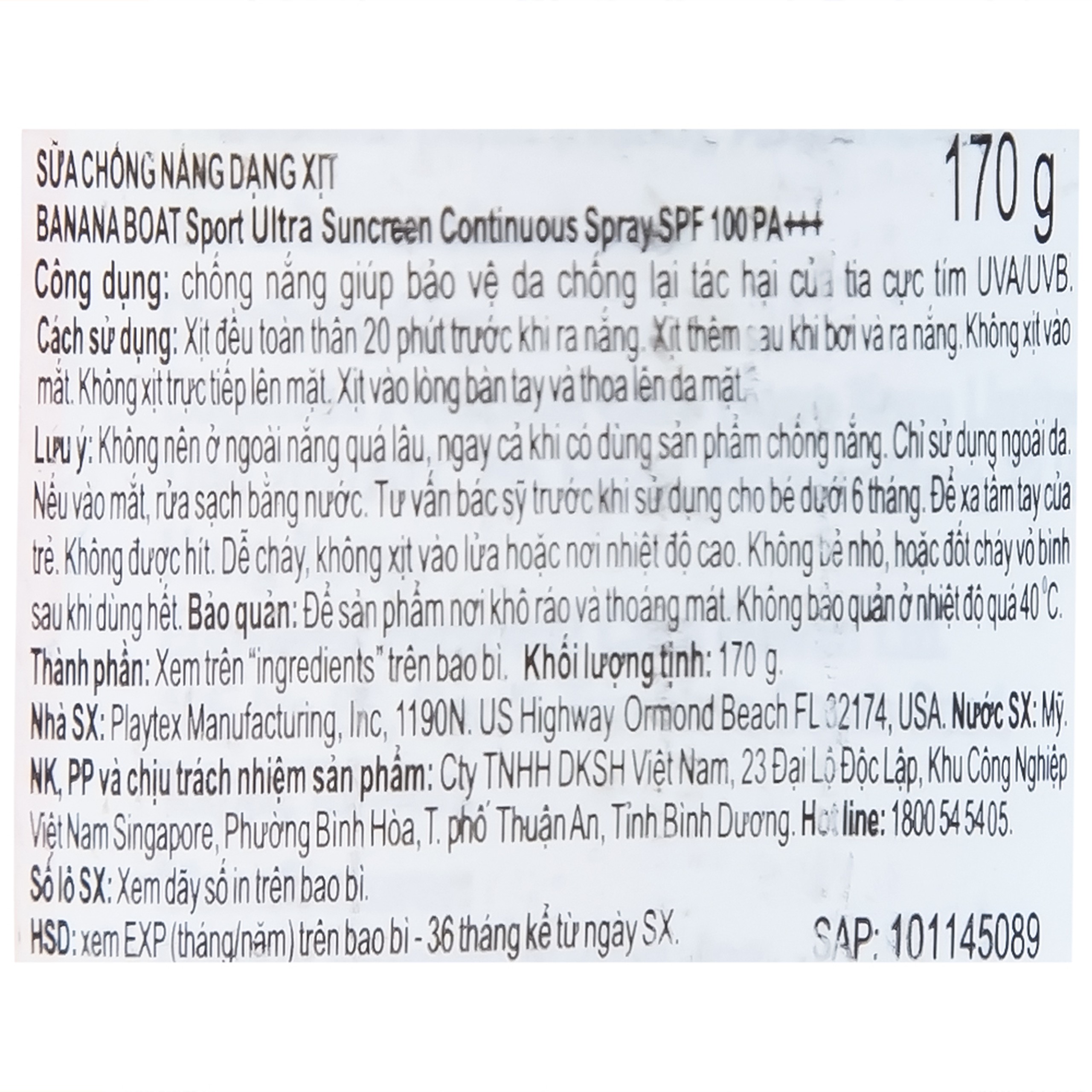 Chống nắng thể thao dạng xịt Banana Boat Sport Ultra SPF100 PA++++ có khả năng kháng nước (170g)