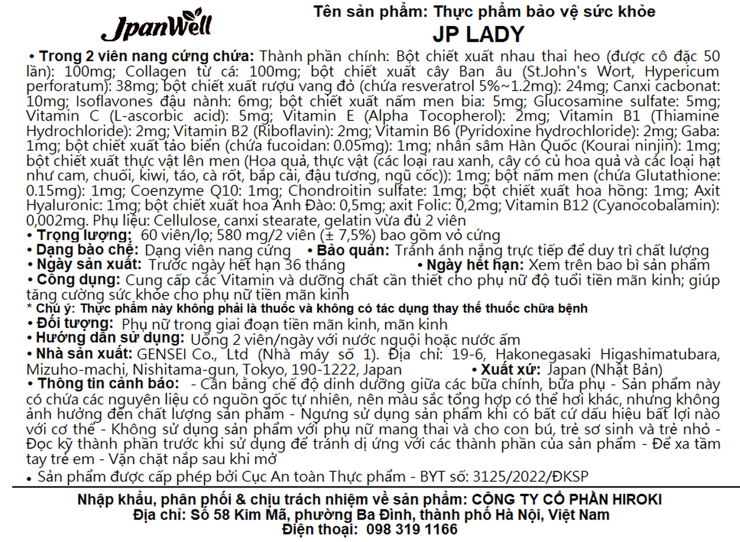 Viên uống tăng cường sức khỏe cho phụ nữ tiền mãn kinh JP Lady Jpanwell (60 viên)