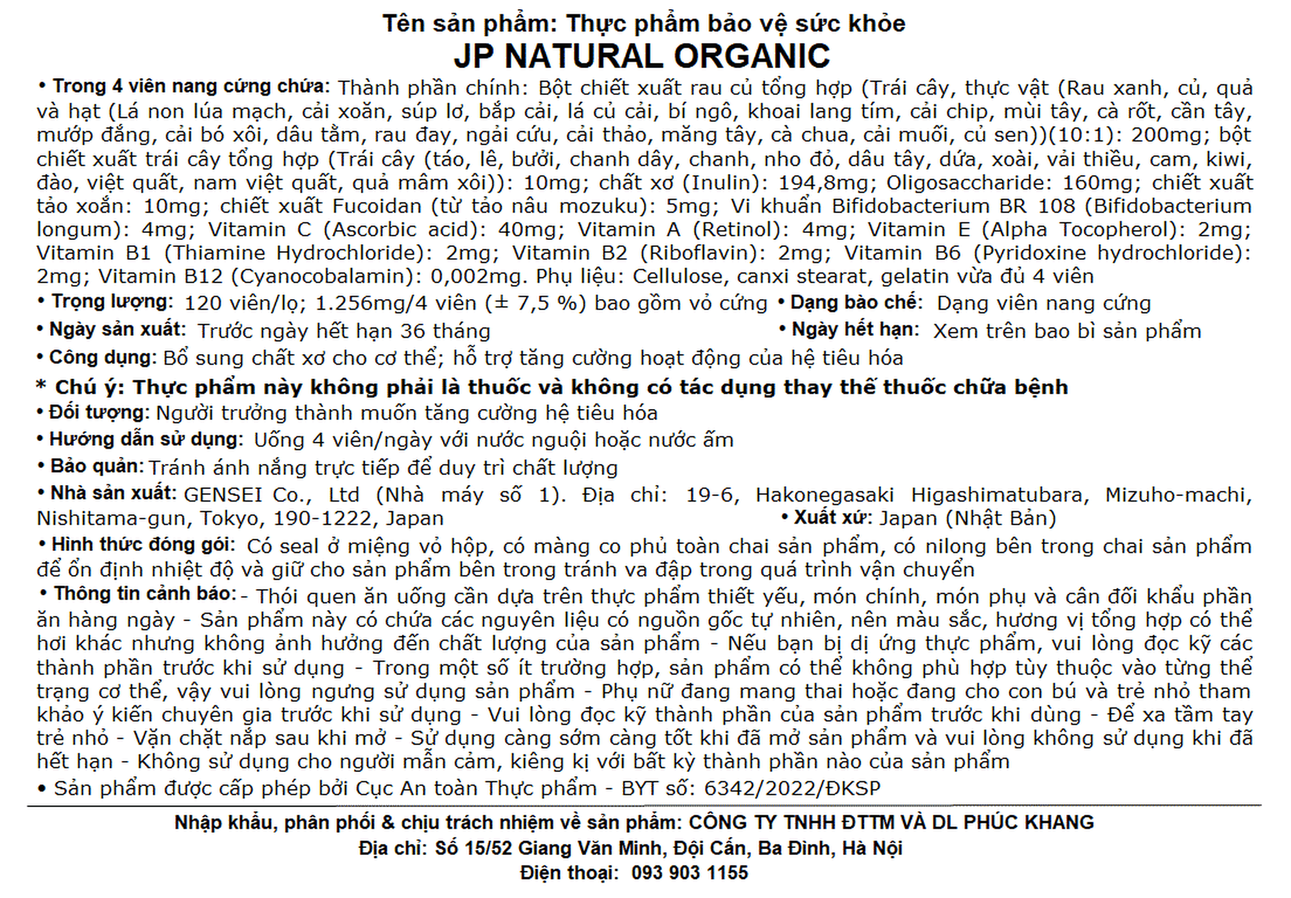 Thực phẩm bảo vệ sức khỏe JP Natural Organic Jpanwell bổ sung chất xơ, chống táo bón và tăng đề kháng (120 viên) 