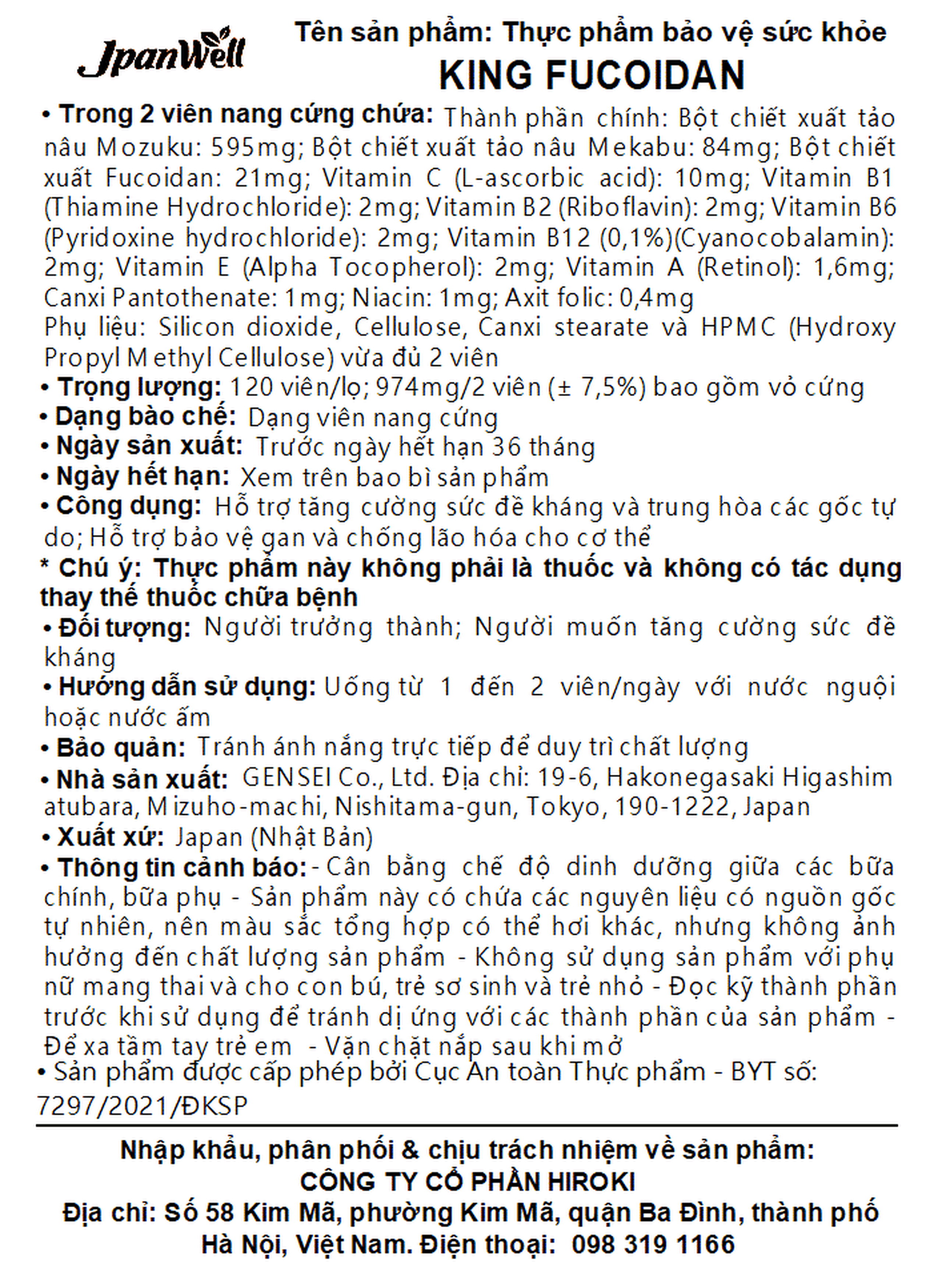 Viên uống King Fucoidan Jpanwell tăng cường sức khỏe và trung hòa gốc tự do (120 viên)