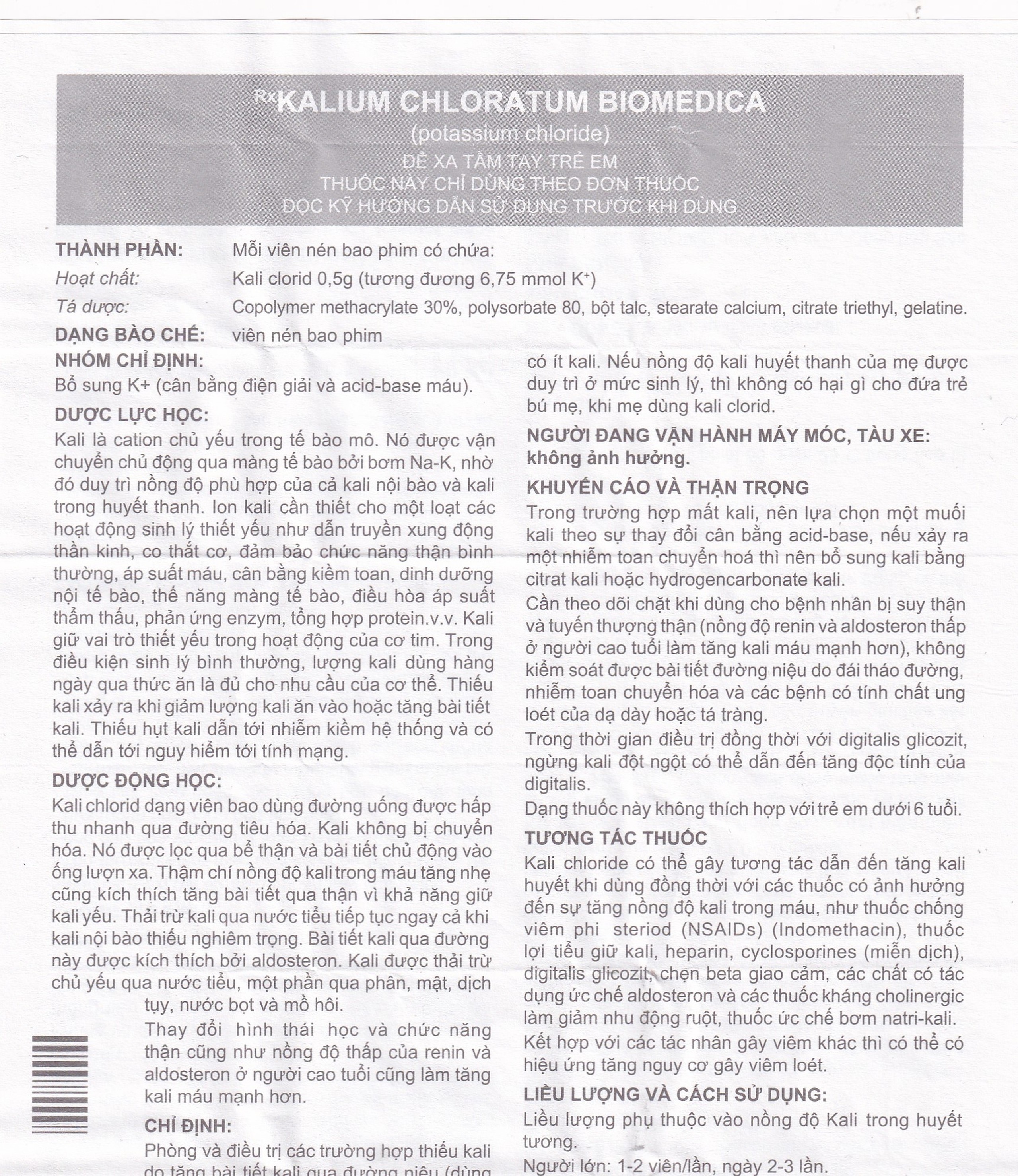Thuốc Kalium Chloratum Biomedica dùng trong phòng và điều trị một số trường hợp thiếu kali (10 vỉ x 10 viên)