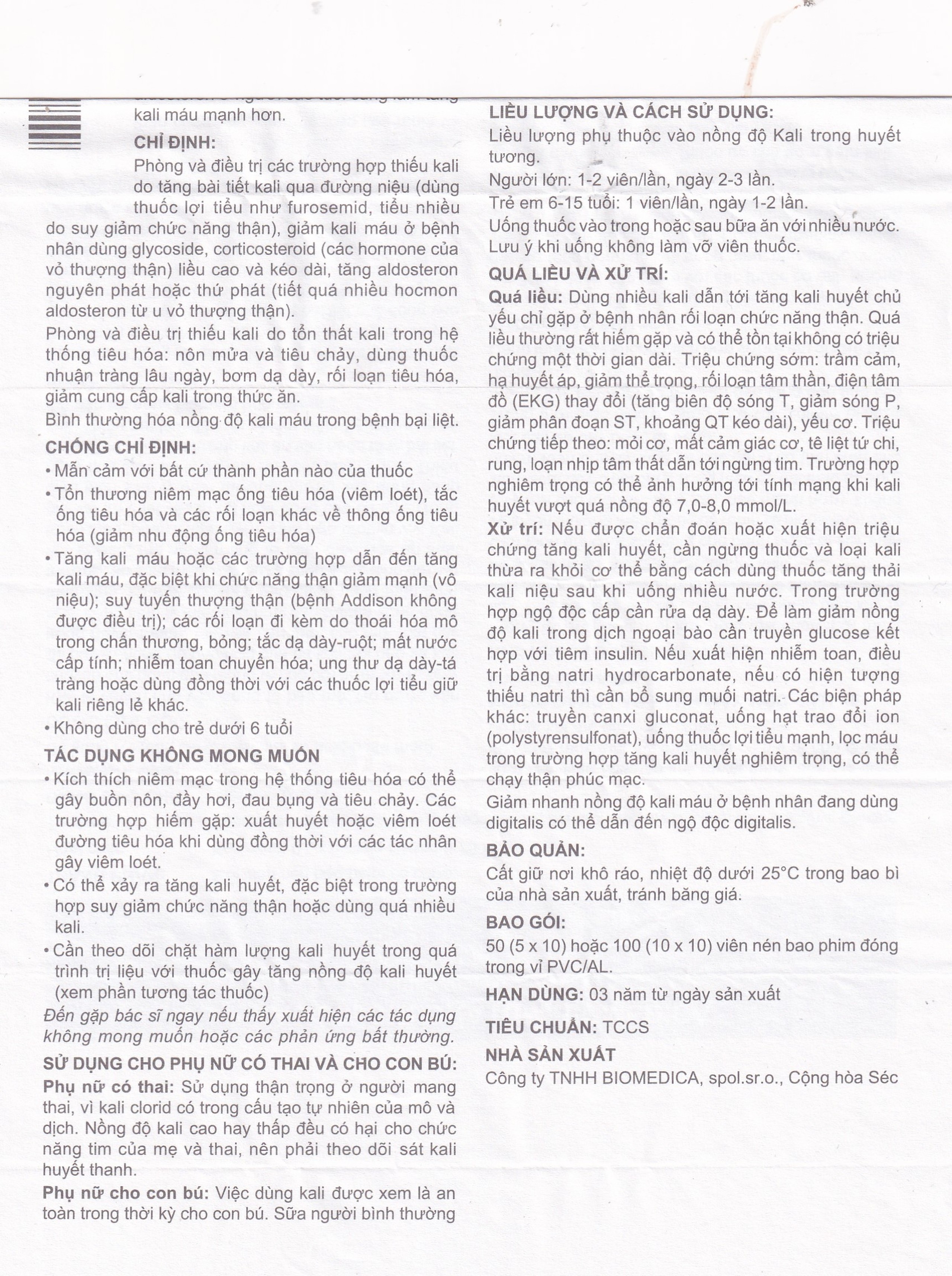 Thuốc Kalium Chloratum Biomedica dùng trong phòng và điều trị một số trường hợp thiếu kali (10 vỉ x 10 viên)