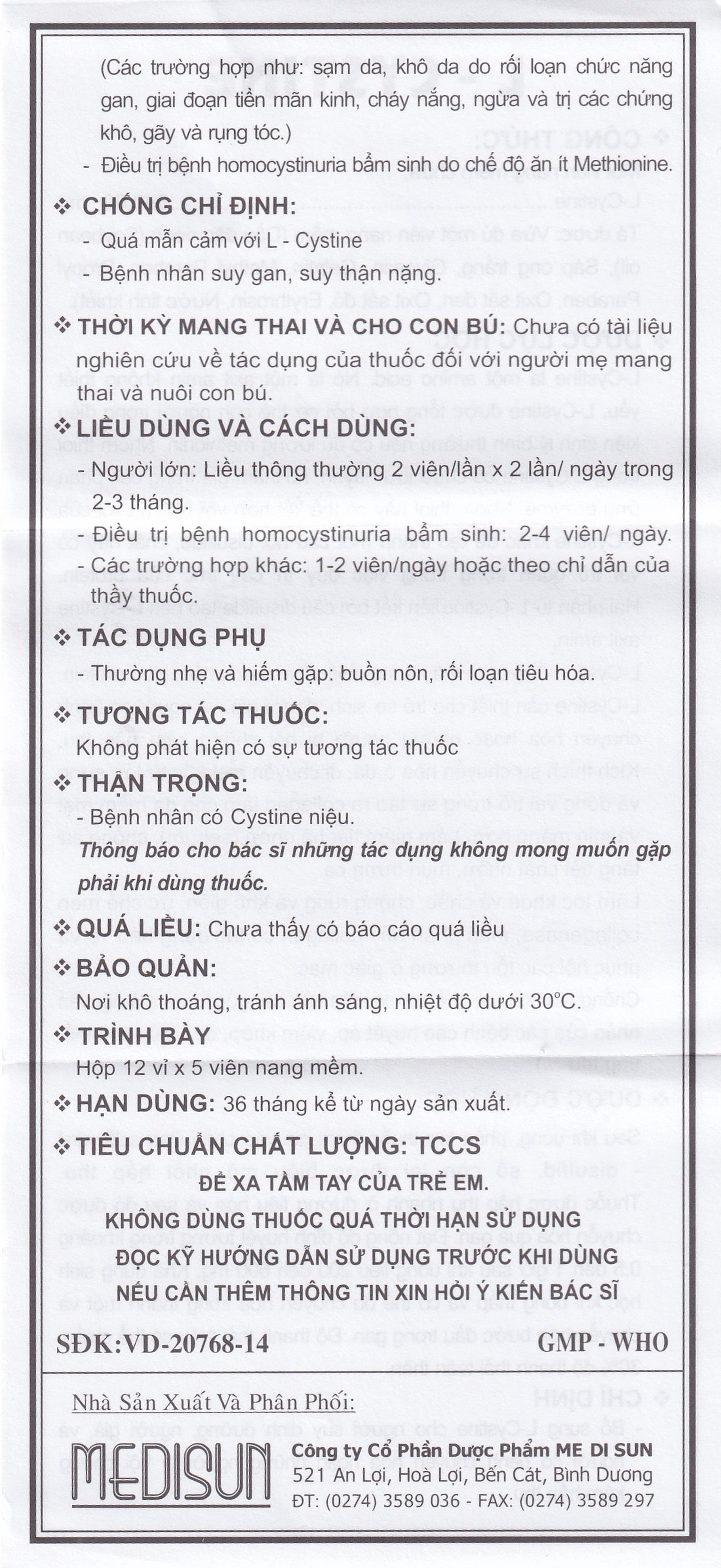 Viên nang mềm L-Cystine 500mg Medisun bổ sung cho người suy dinh dưỡng, kém hấp thu, sạm da (12 vỉ x 5 viên)