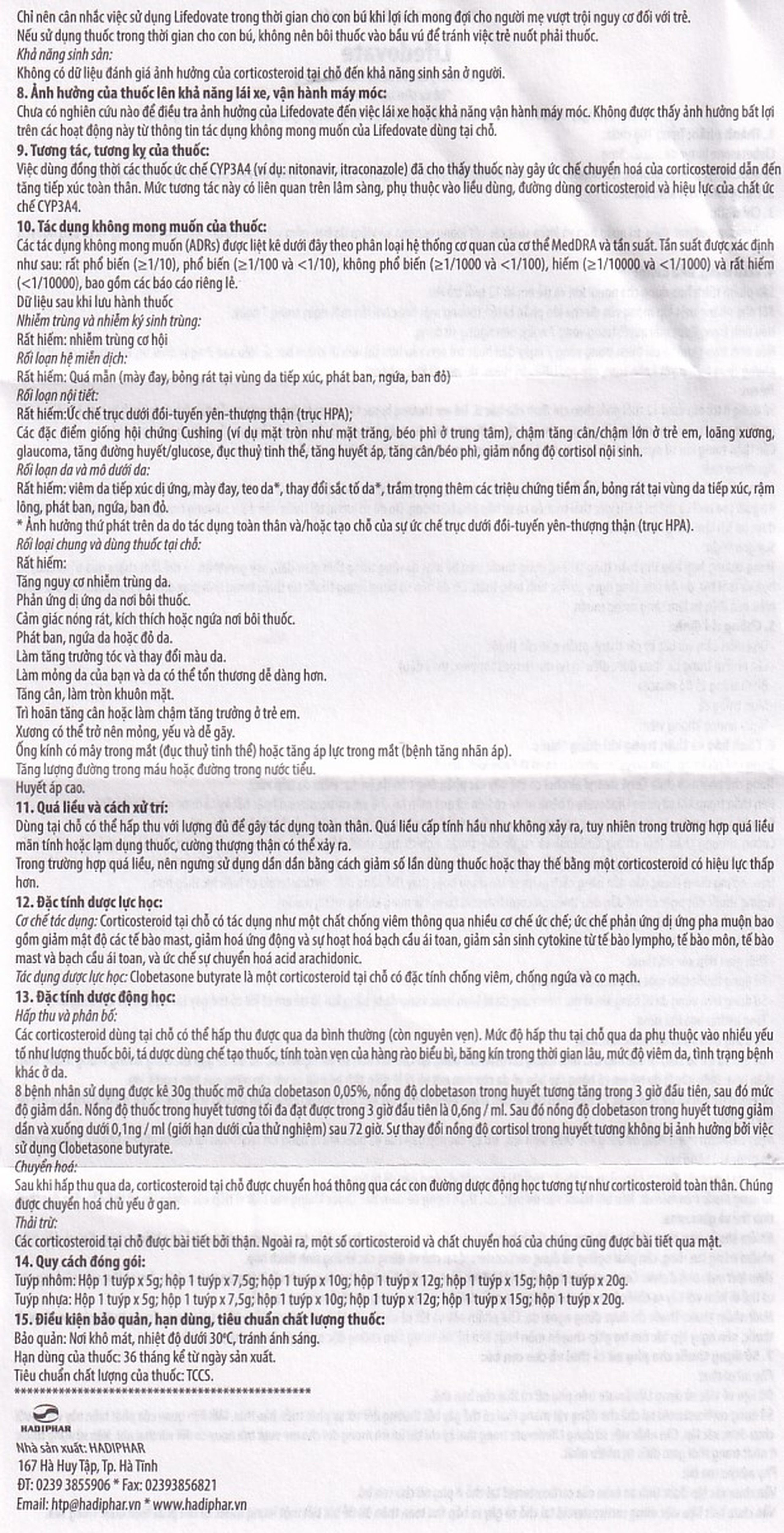 Kem bôi da Lifedovate Cream 0,05% Hadiphar điều trị các vết long eczema, viêm da (10g)