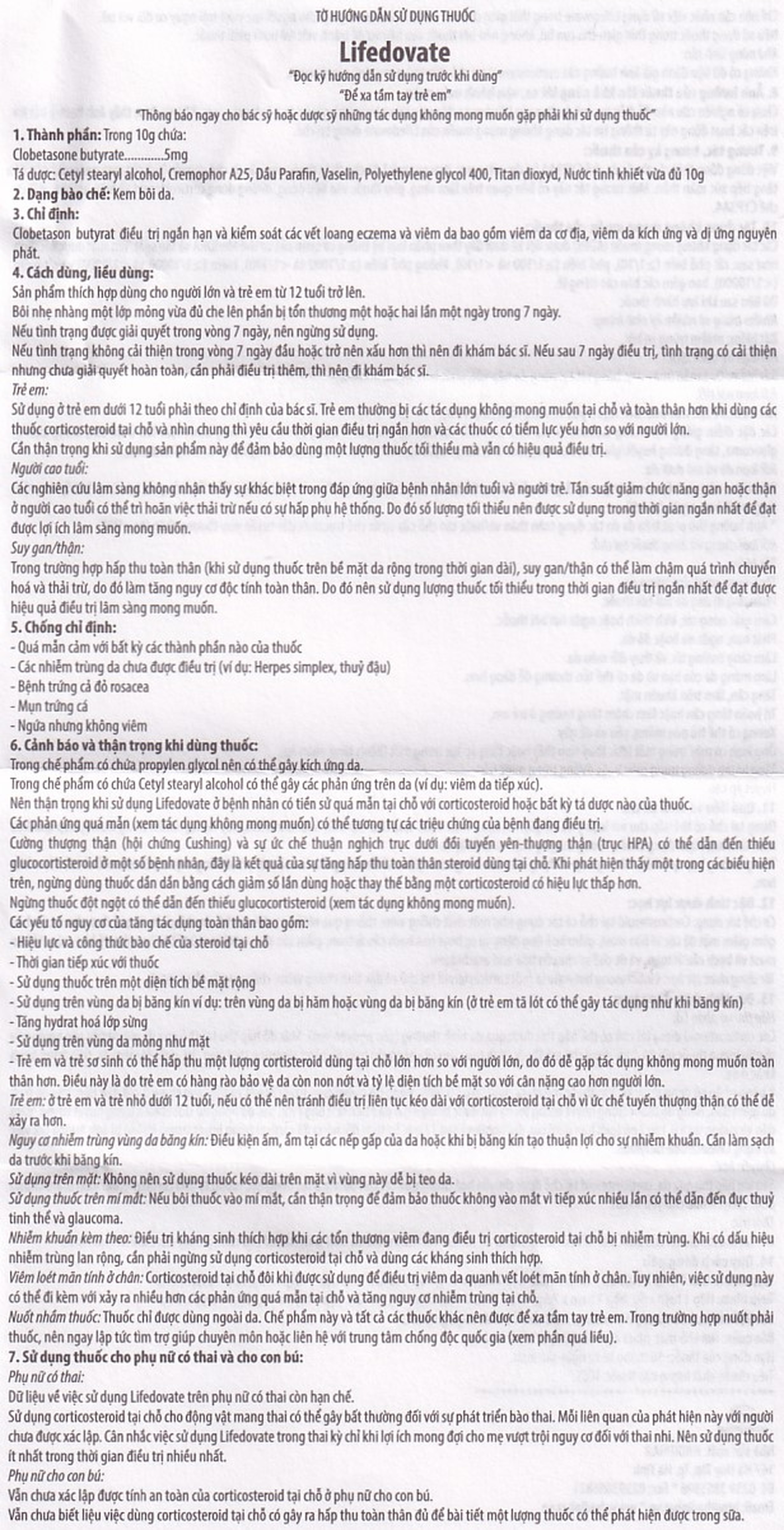 Kem bôi da Lifedovate Cream 0,05% Hadiphar điều trị các vết long eczema, viêm da (10g)