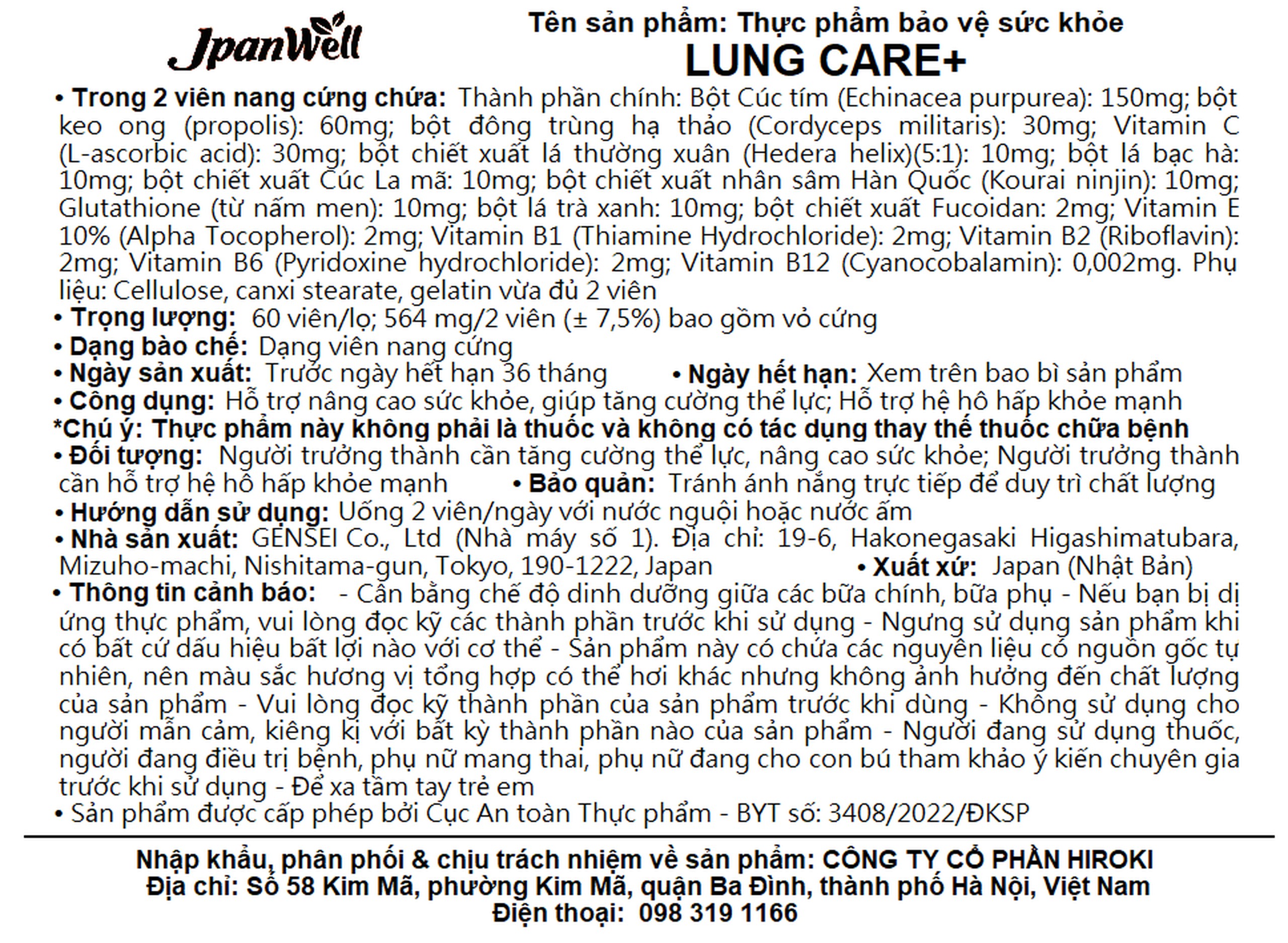 Viên uống Lung Care+ Jpanwell hỗ trợ hệ hô hấp, giúp phổi khỏe mạnh (60 viên)