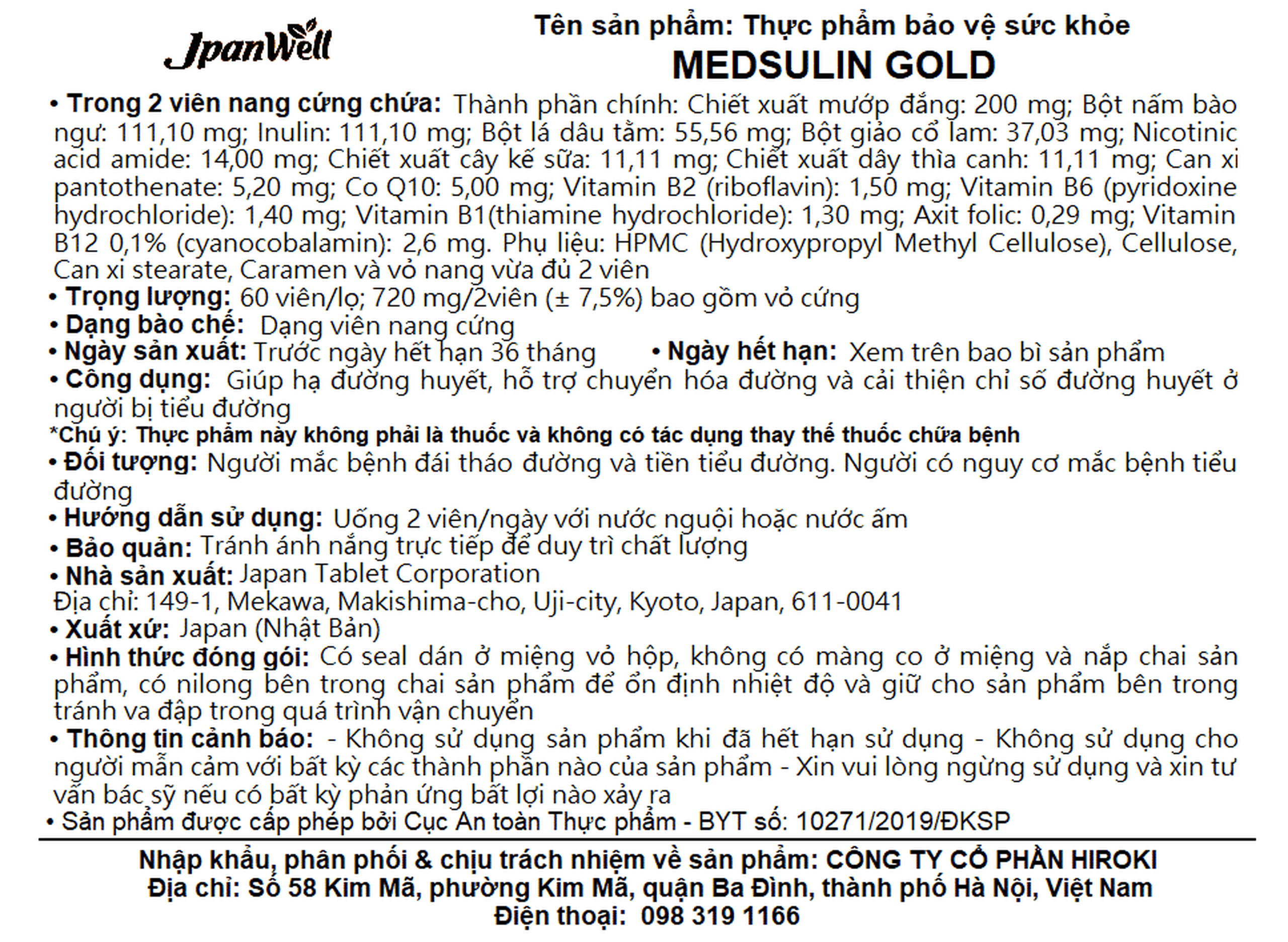 Viên uống giúp hạ đường, huyết hỗ trợ chuyển hóa đường Medsulin Gold Jpanwell (60 viên)