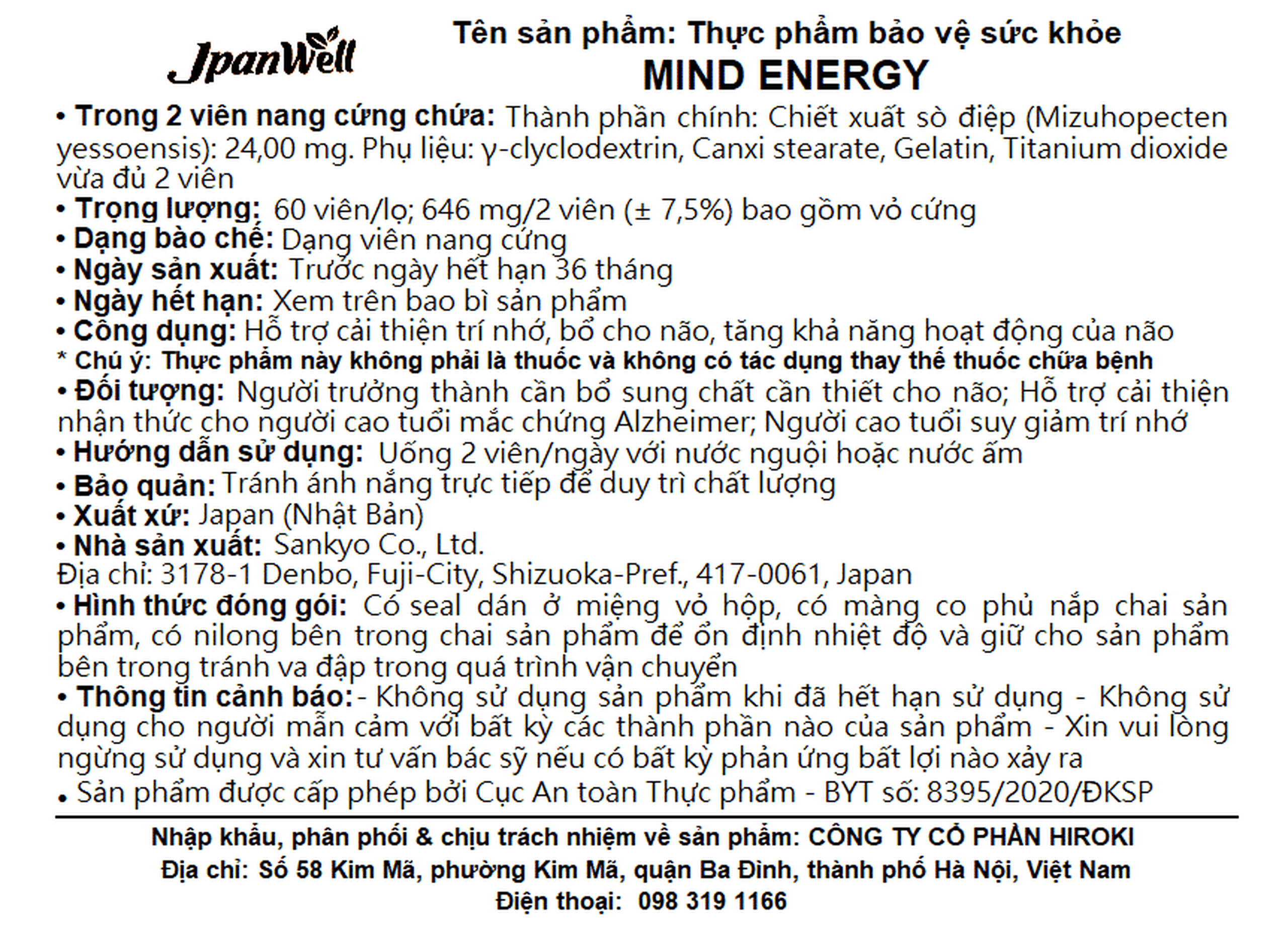 Viên uống bổ não, cải thiện trí nhớ Mind Energy Jpanwell (60 viên)