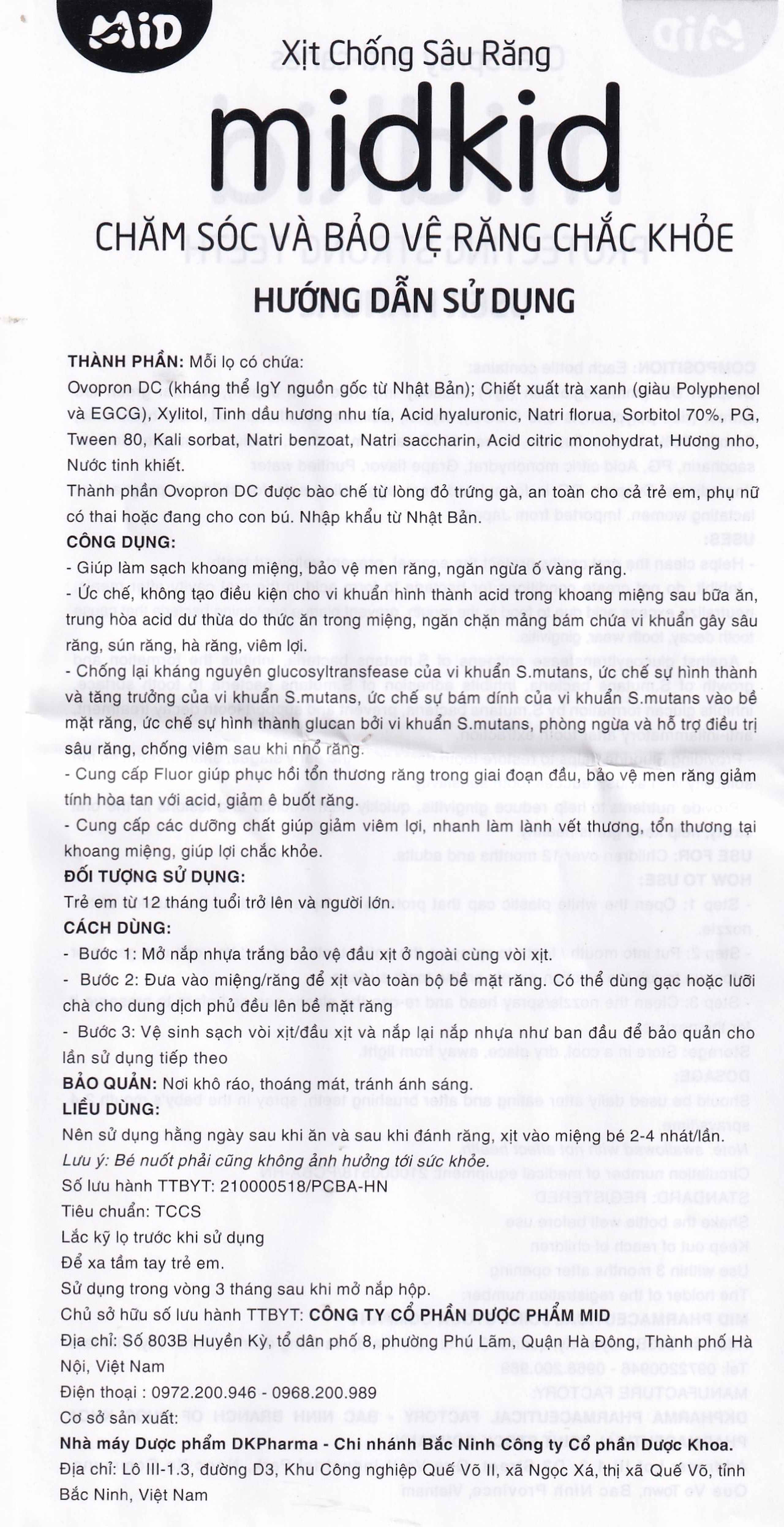 Xịt chống sâu răng Midkid hương nho 30ml giúp làm sạch khoang miệng, bảo vệ men răng