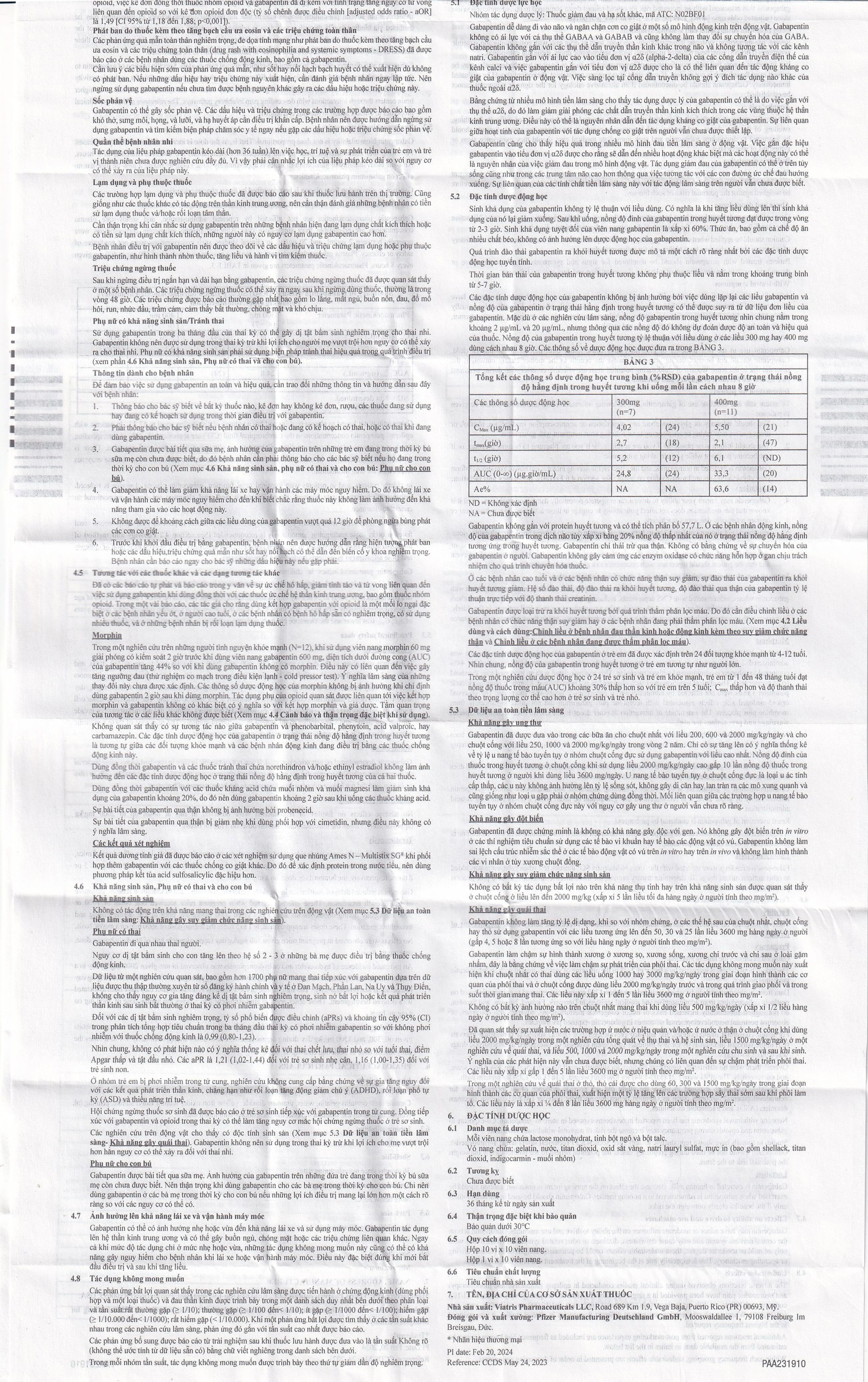 Thuốc Neurontin 300mg VIATRIS điều trị bệnh động kinh và đau dây thần kinh (1 vỉ x 10 viên)