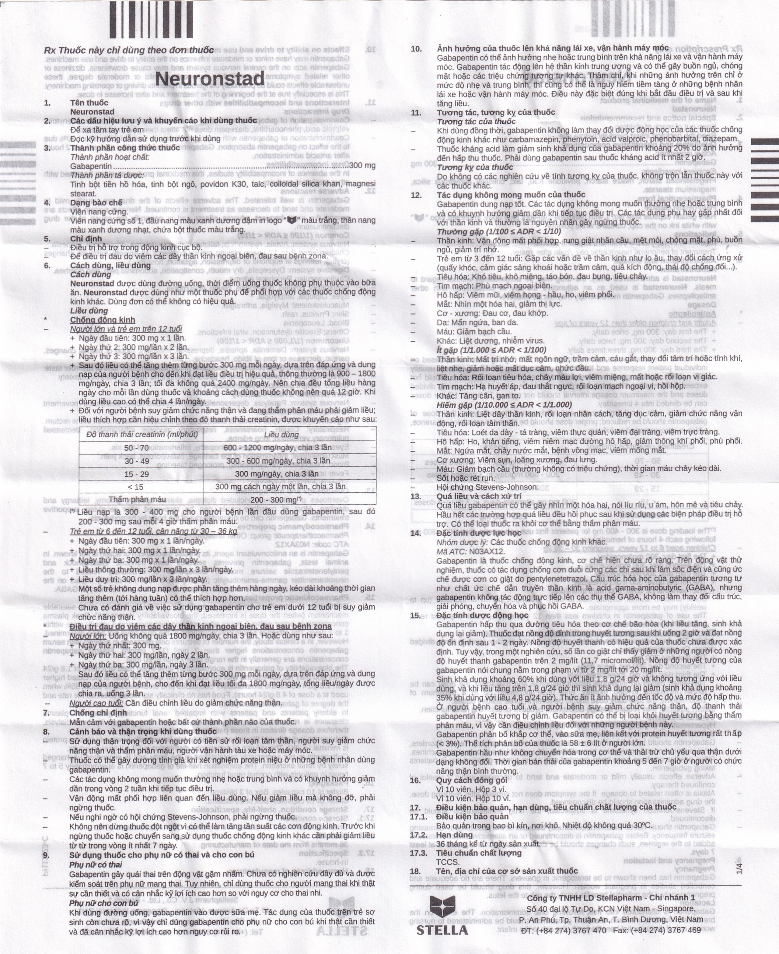 Thuốc Neuronstad 300mg Stella điều trị hỗ trợ động kinh cục bộ (10 vỉ x 10 viên)