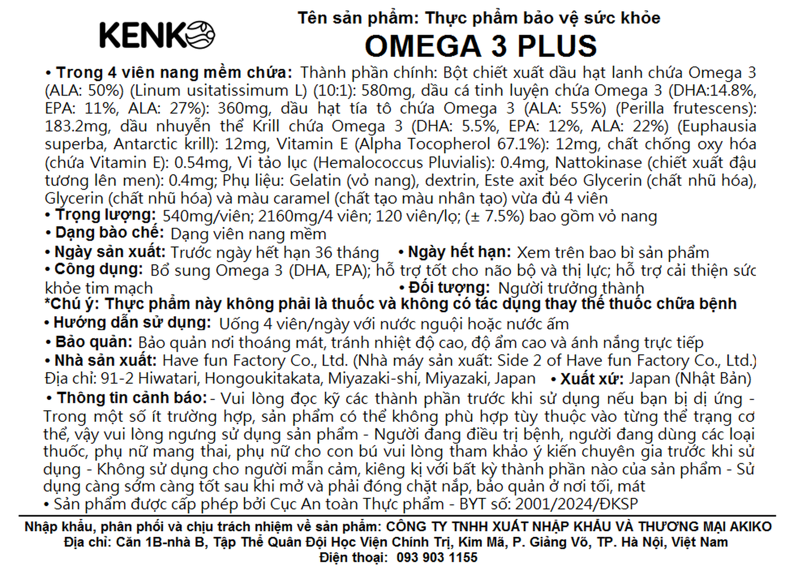 Viên uống bổ sung Omega 3 hỗ trợ não, thị lực và tim mạch OMEGA 3 PLUS Kenko (120 viên)
