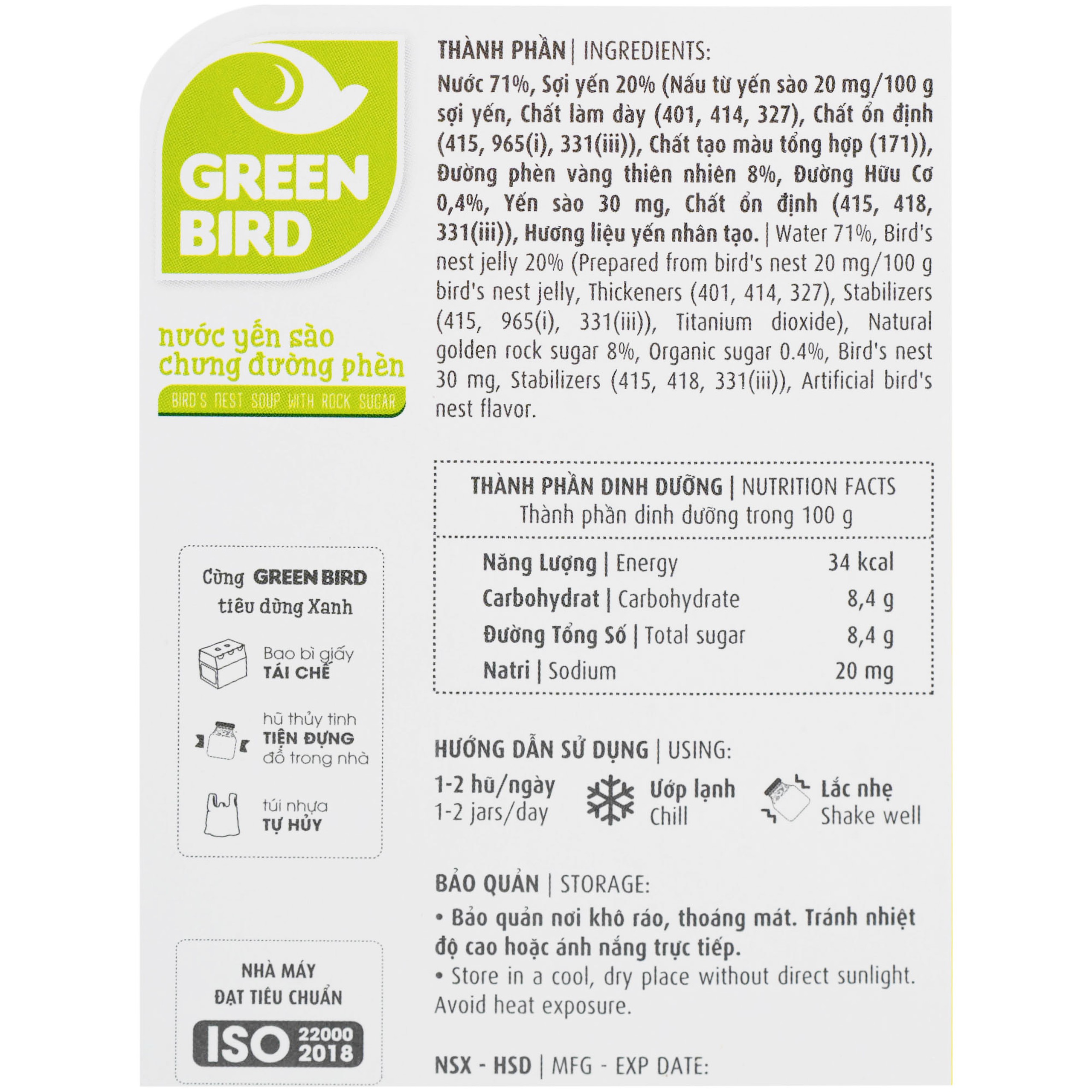 Nước Yến Sào Chưng Đường Phèn Greenbird (4 hũ x 72g)