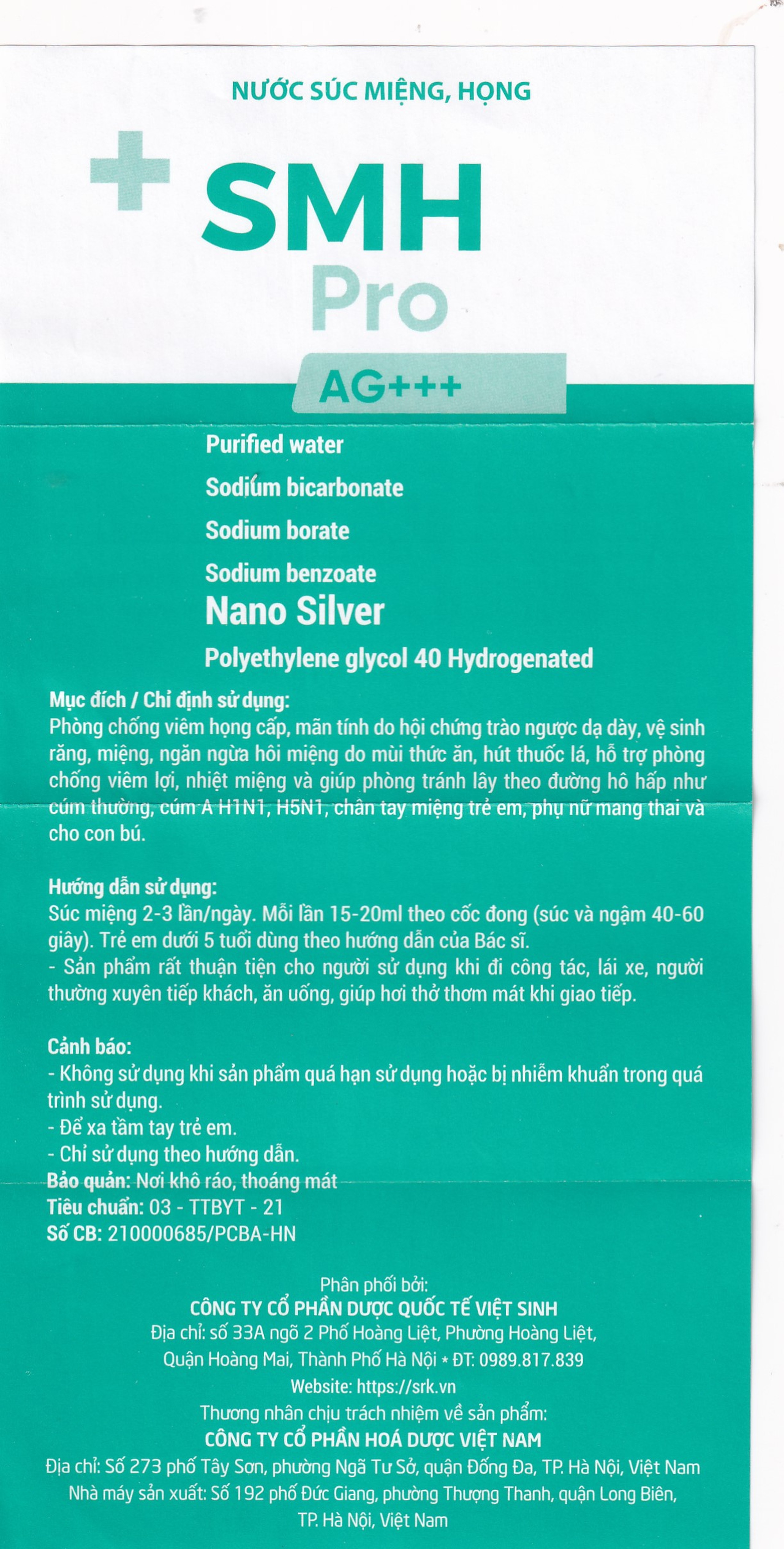 Nước súc miệng SMH Pro AG+++ 300ml Việt Sinh giúp vệ sinh răng, miệng, ngăn ngừa hôi miệng