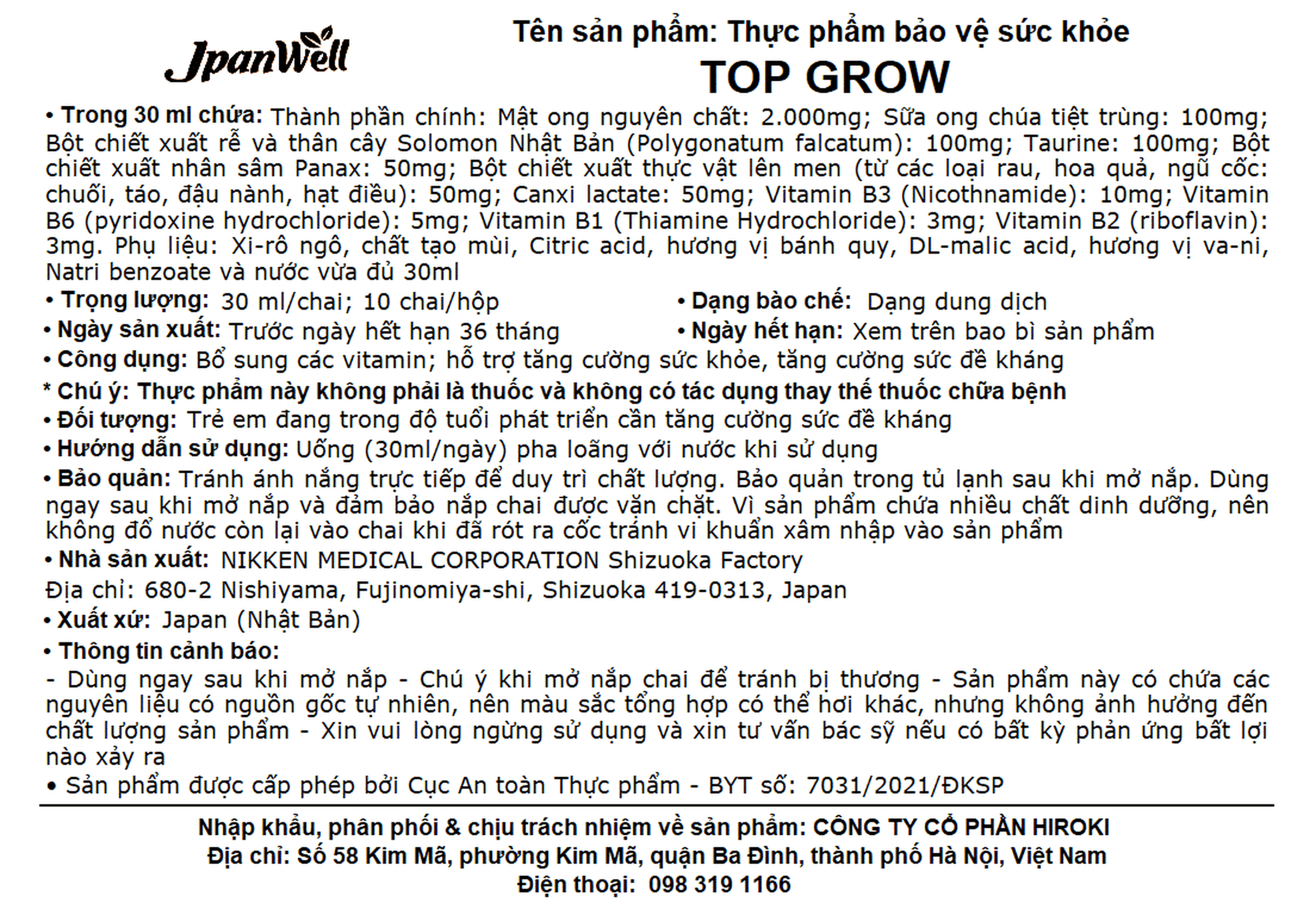 Siro Top Grow Jpanwell bổ sung các vitamin, hỗ trợ tăng cường sức khỏe (10 chai x 30ml)