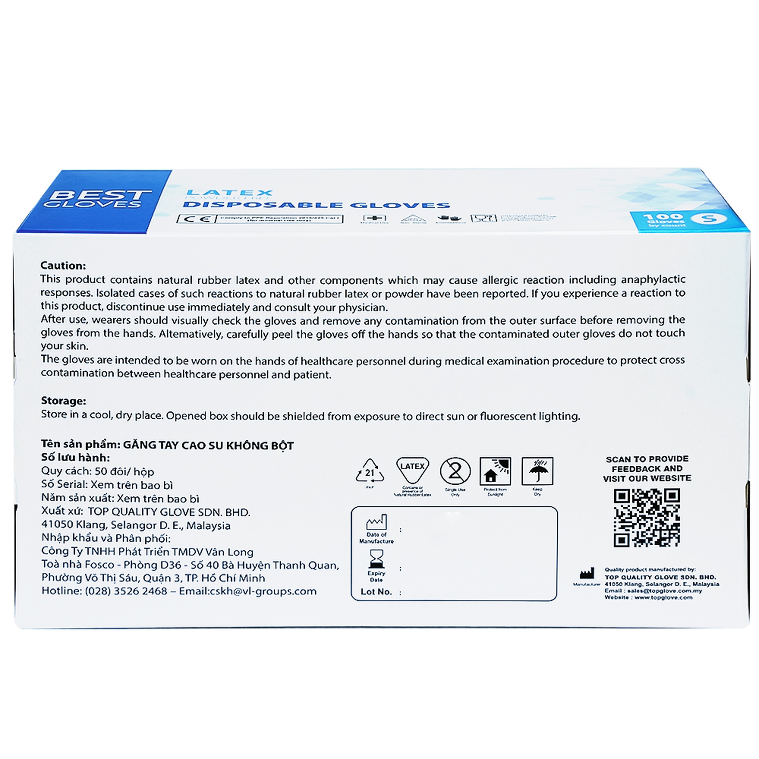 Găng tay y tế không bột, phủ Latex size S (100 cái) Powder Free Disposable 