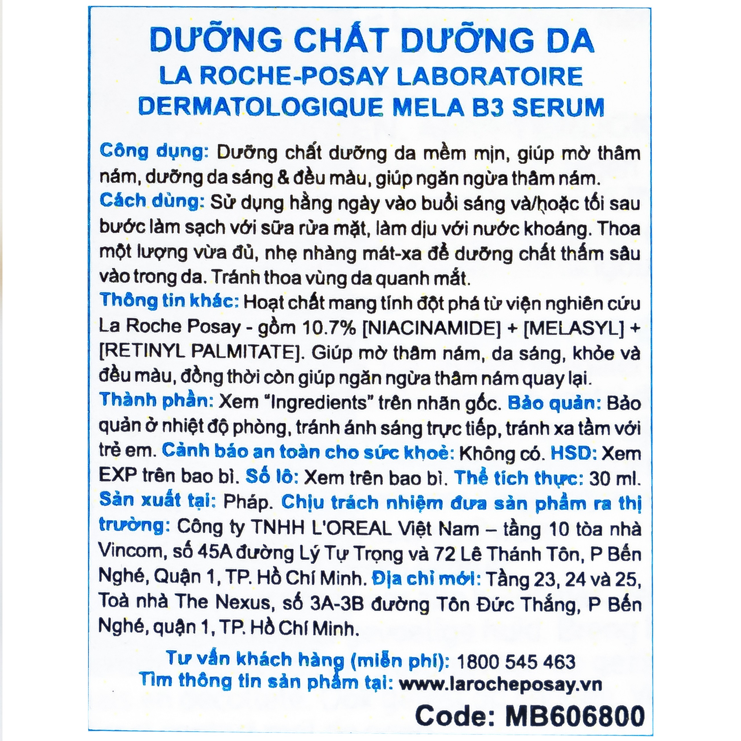 Tinh chất La Roche-Posay Mela B3 Serum dưỡng da mềm mịn, mờ thâm nám, da sáng và đều màu