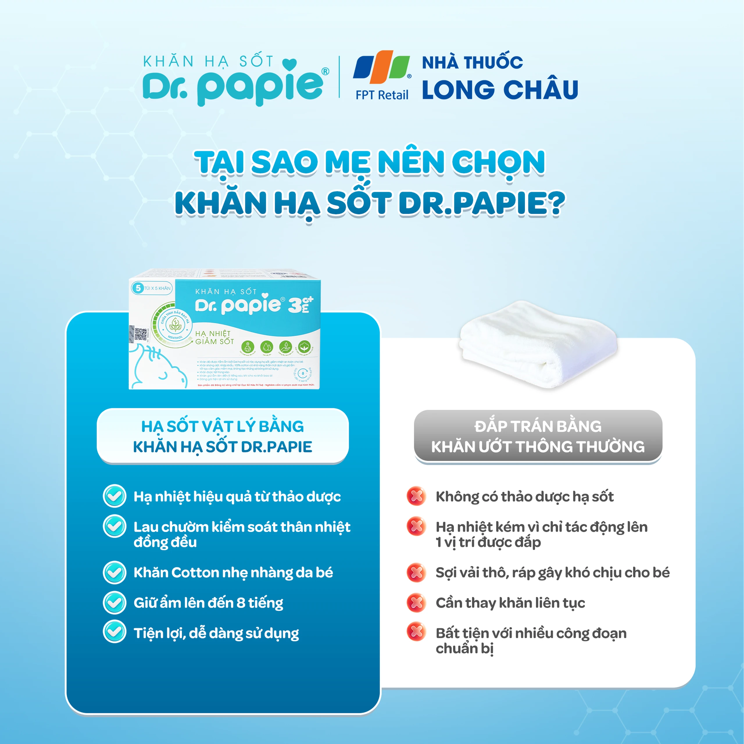 Khăn hạ sốt Dr.Papie 3M0+ Starmed (5 gói x 5 miếng) hạ nhiệt giảm sốt dùng cho trẻ từ 3 tháng tuổi