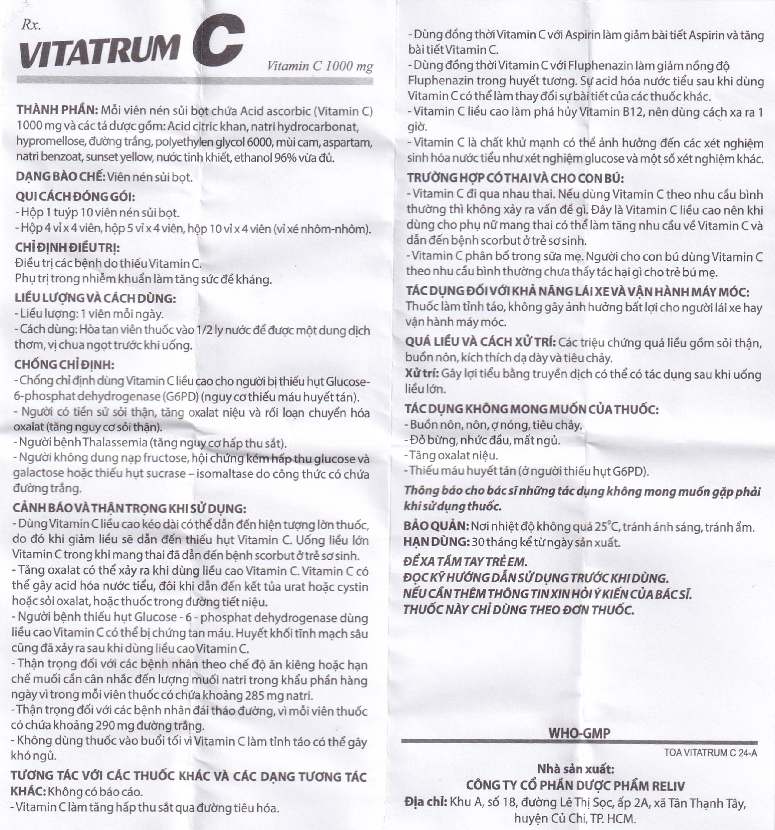 Thuốc Vitatrum C 1000mg Reliv ngăn ngừa và điều trị bệnh do thiếu vitamin C (10 viên)