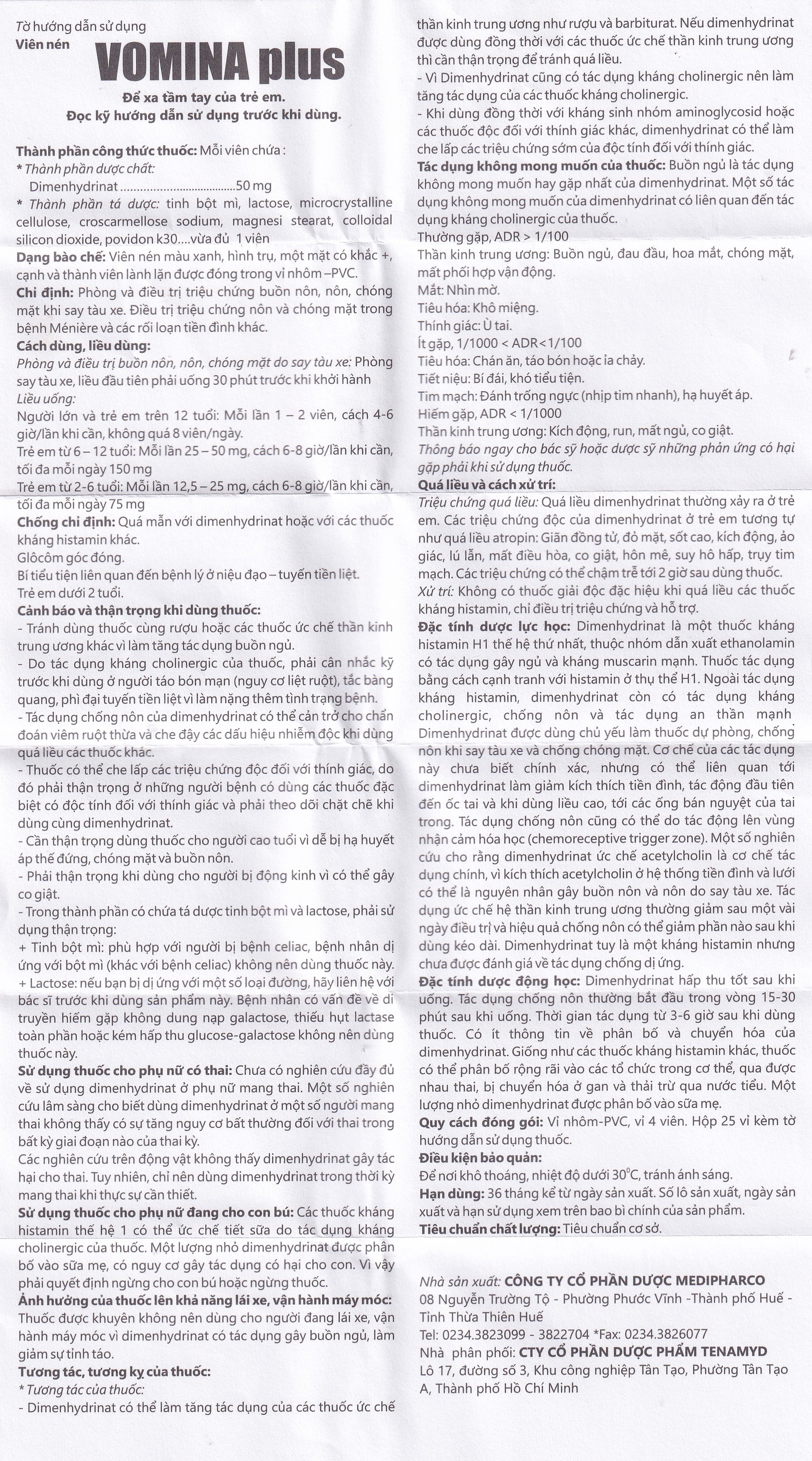 Thuốc Vomina Plus 50mg Medipharco phòng và điều trị triệu chứng buồn nôn, chóng mặt khi say tàu xe (25 vỉ x 4 viên)