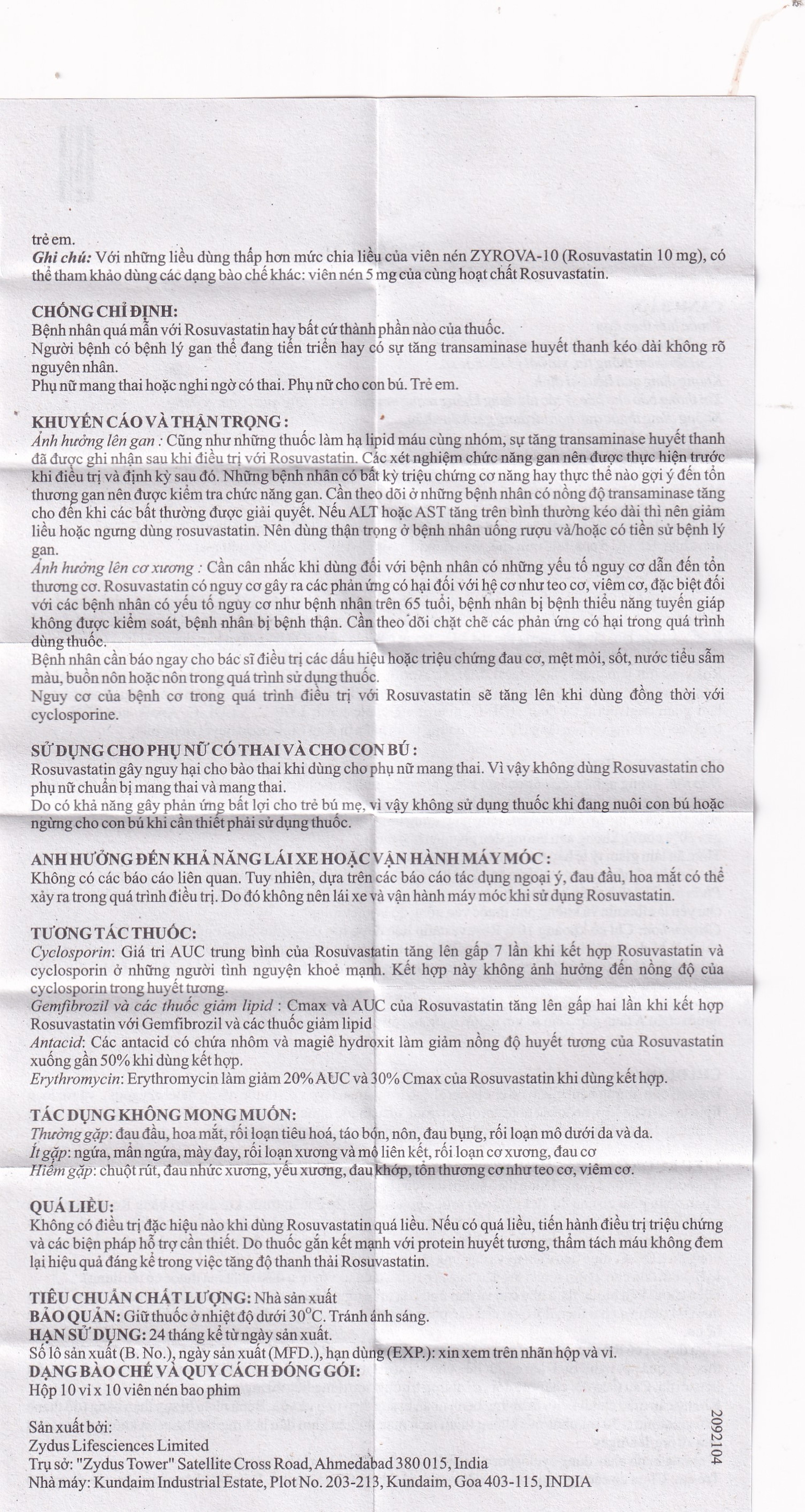 Thuốc Zyrova 10 Zydus điều trị cholesterol cao trong máu (10 vỉ x 10 viên)
