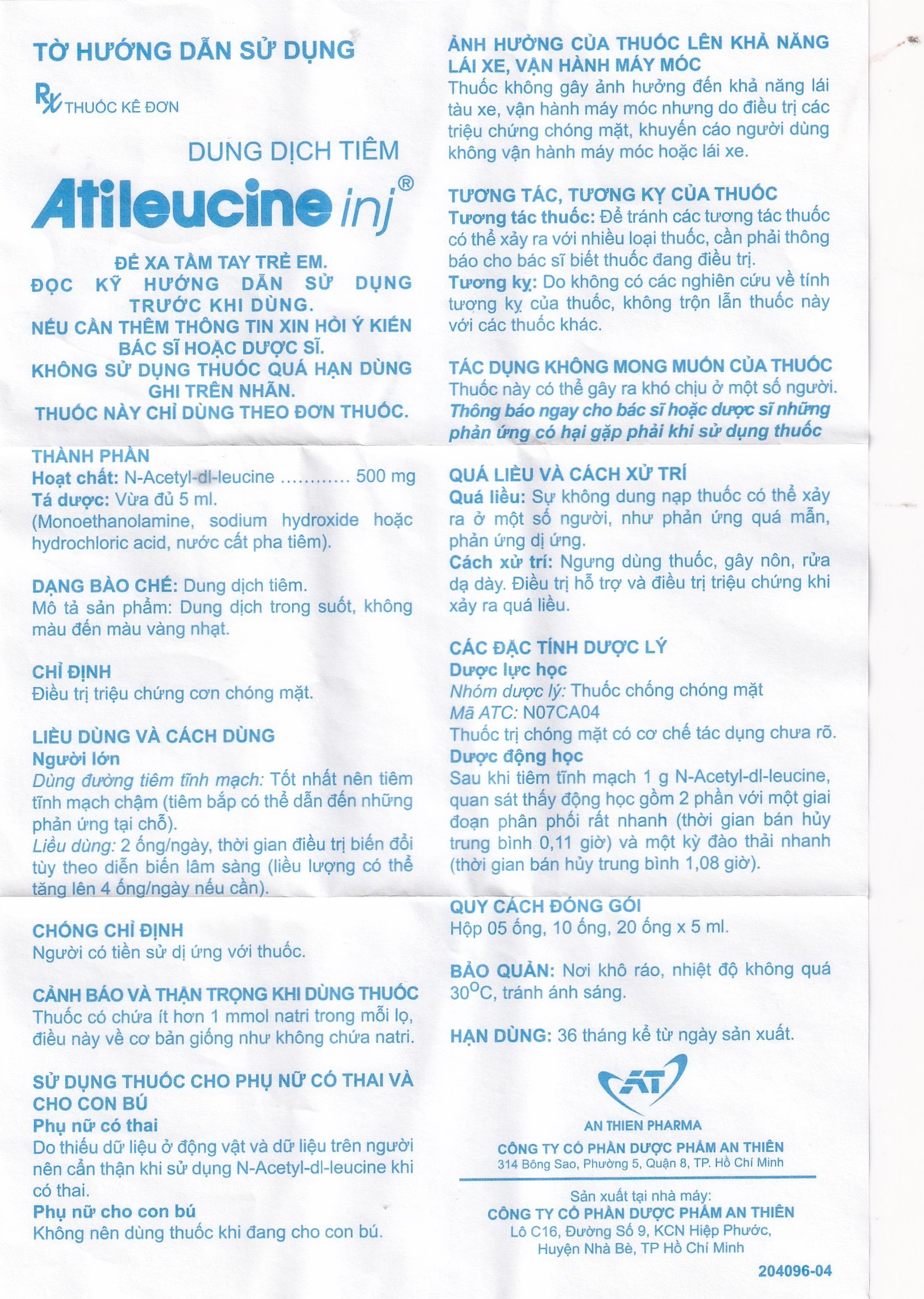 Dung dịch tiêm AtiLeucine inj 500mg/5ml An Thiên điều trị triệu chứng cơn chóng mặt (2 vỉ x 5 ống)